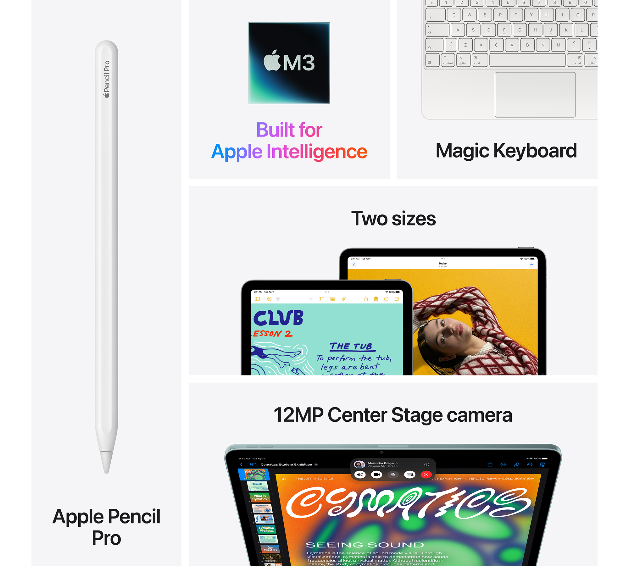 Egy Apple Pencil, M3 logó, billentyűzet és két iPad. Szöveg: Apple Pencil Pro.