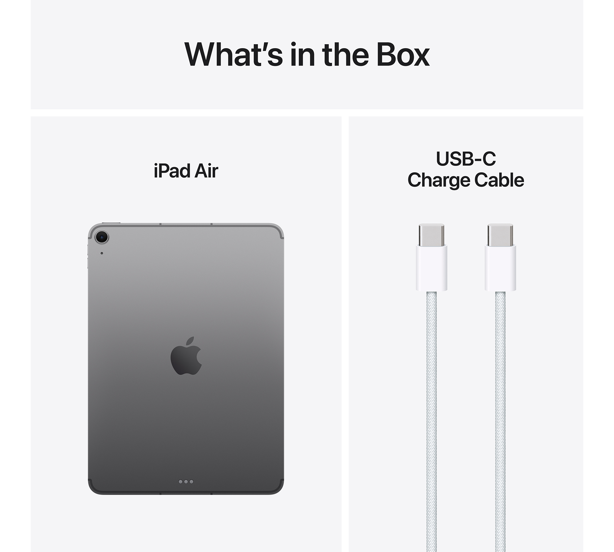 iPad Air és USB-C töltőkábel fehér háttér előtt.