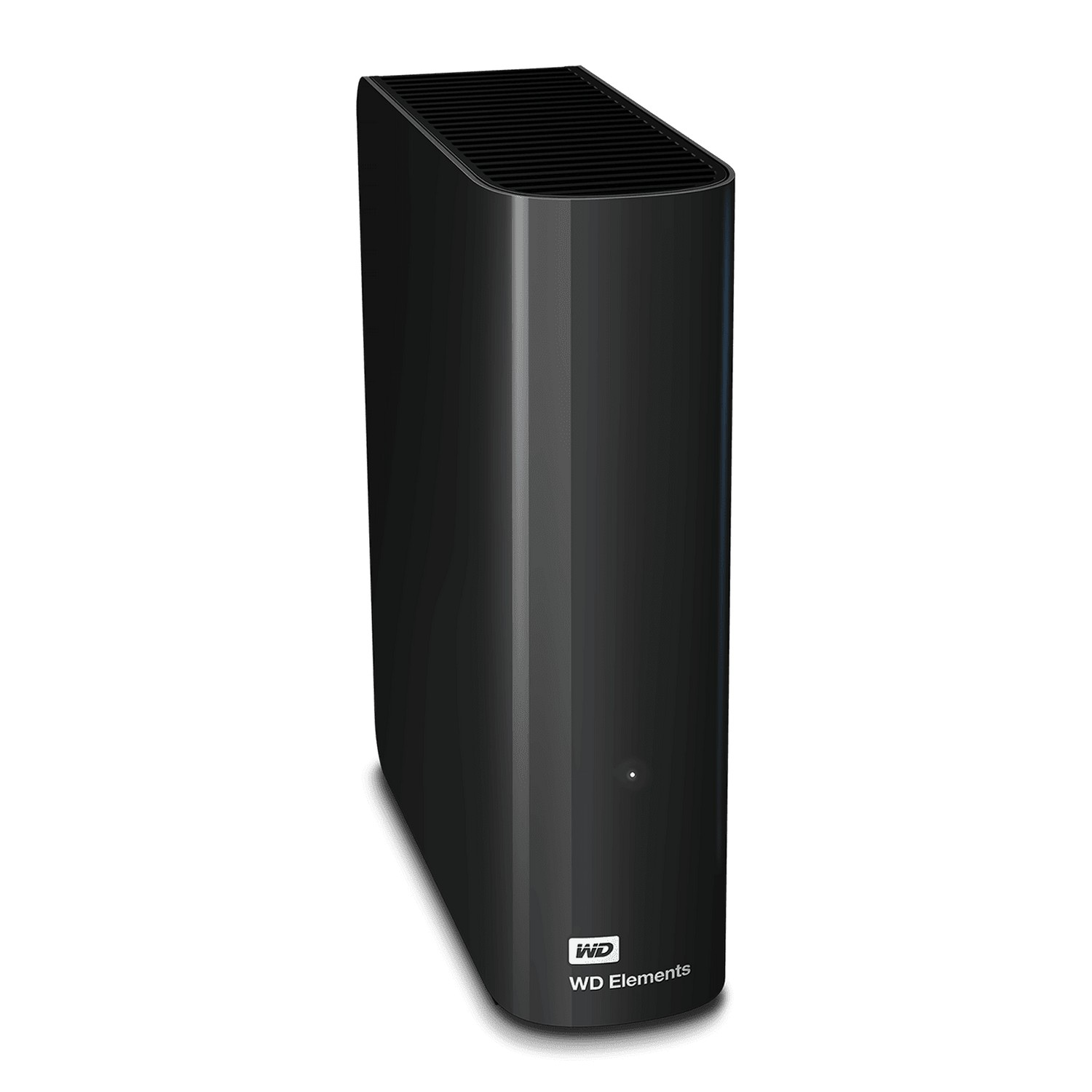 Un disco duro externo WD Elements negro, de pie sobre un fondo blanco.