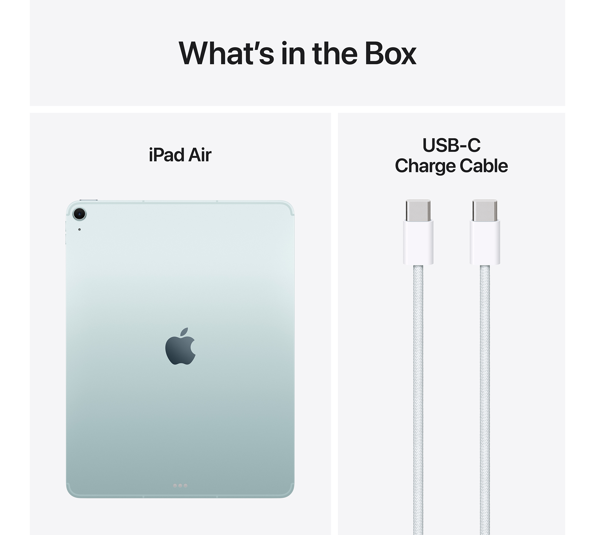 iPad Air és USB-C kábel. Szöveg: "A doboz tartalma", "iPad Air" és "USB-C töltőkábel".