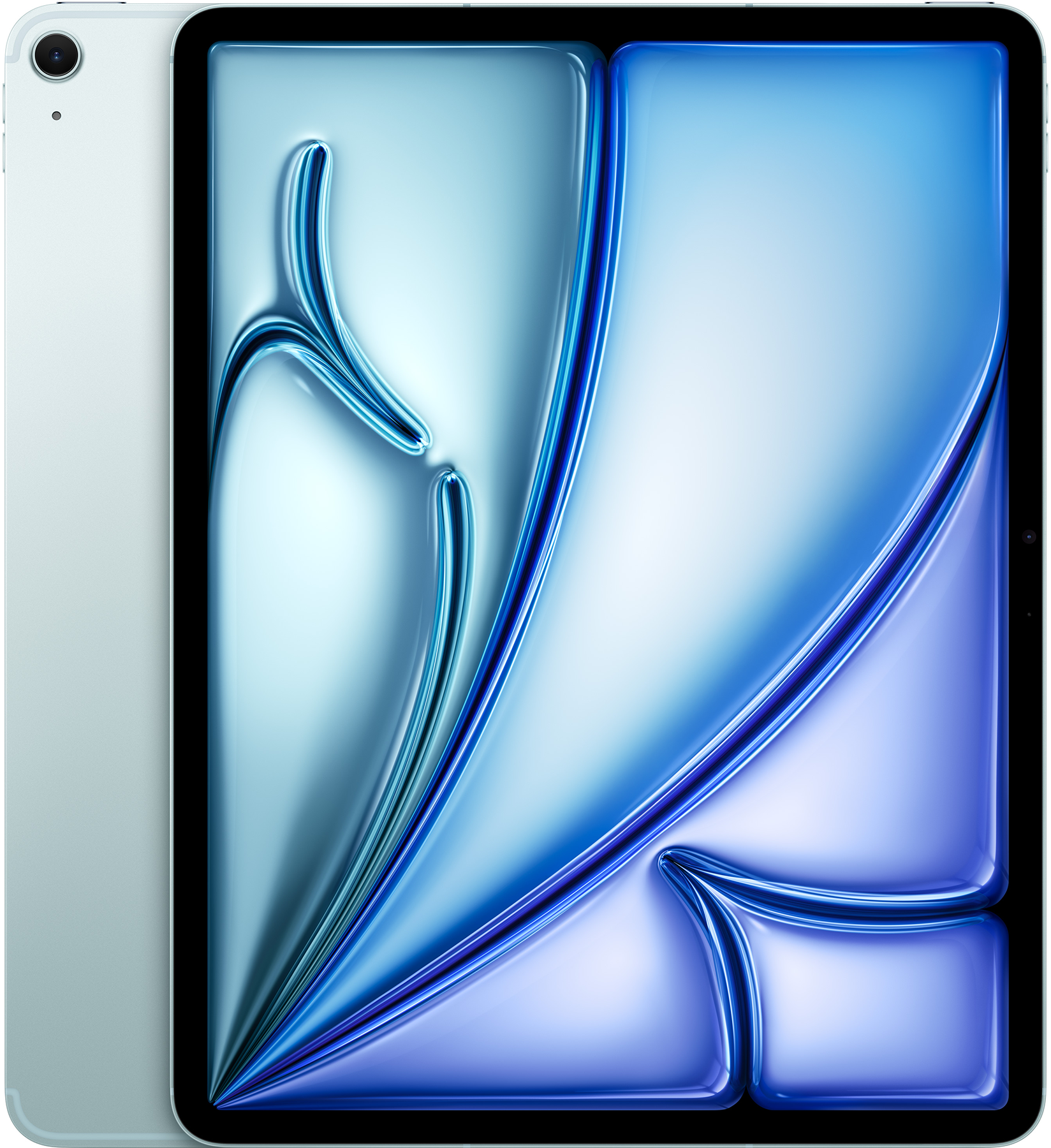 Világoskék iPad stilizált kék-fehér grafikával a képernyőn, a néző felé.