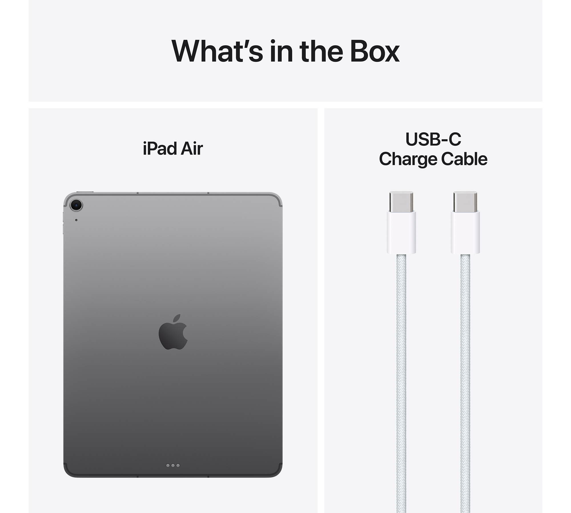 iPad Air és USB-C töltőkábel fehér háttérrel.