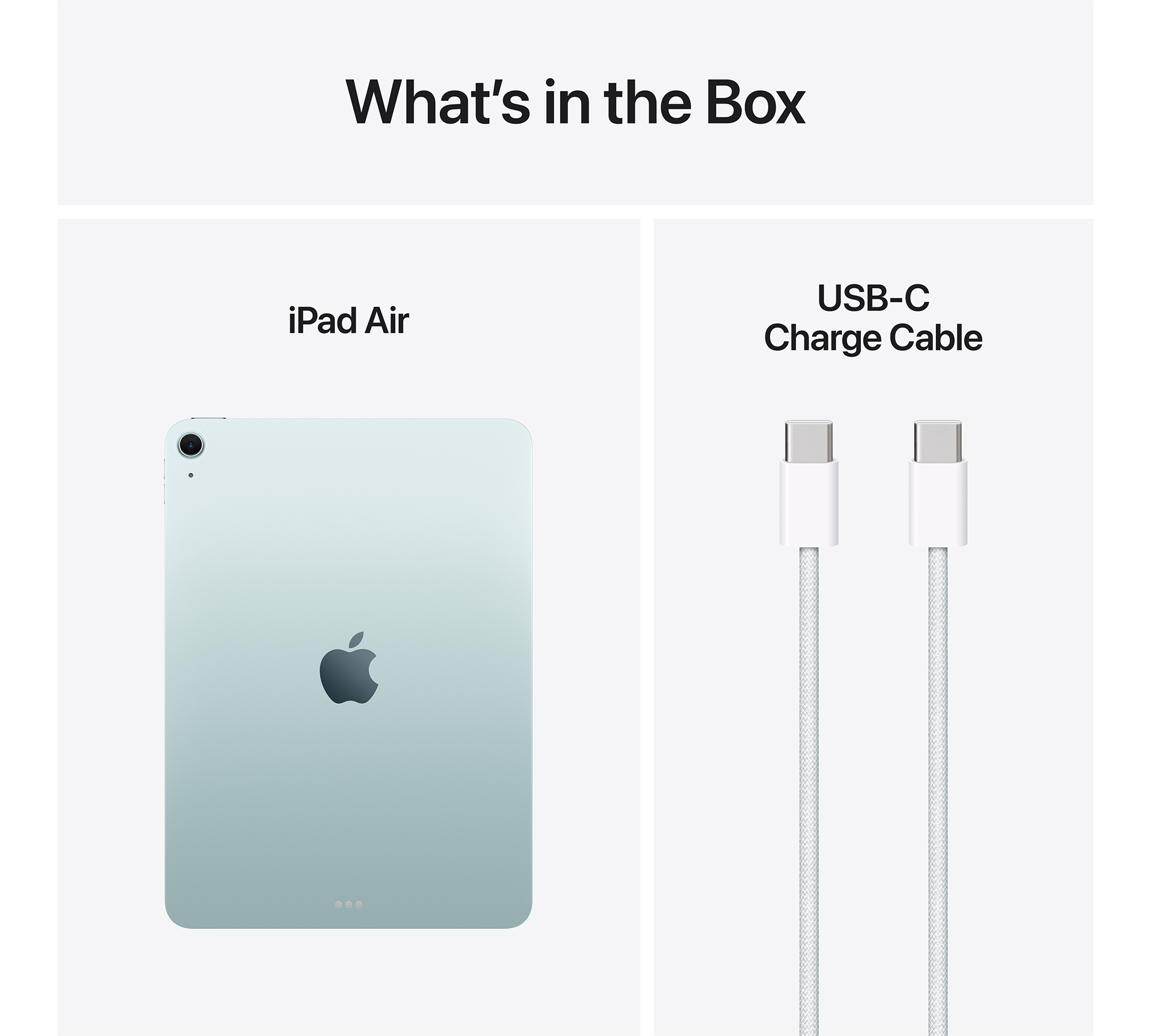 iPad Air és USB-C kábel. Az iPad világoszöld. A kábel fehér, szürke végekkel.