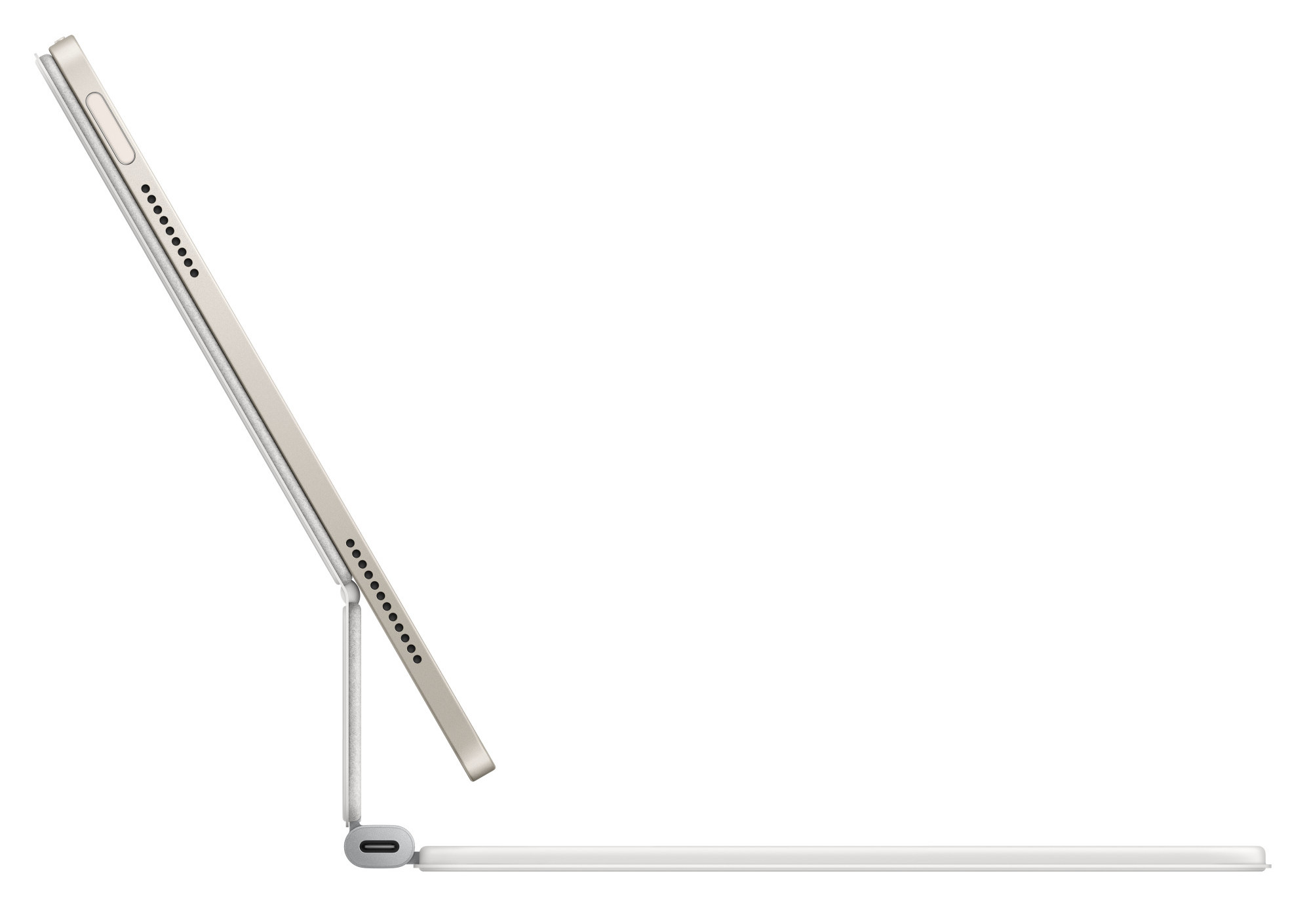 iPad Pro podparty etui z klawiaturą i piórem. Widok z profilu.