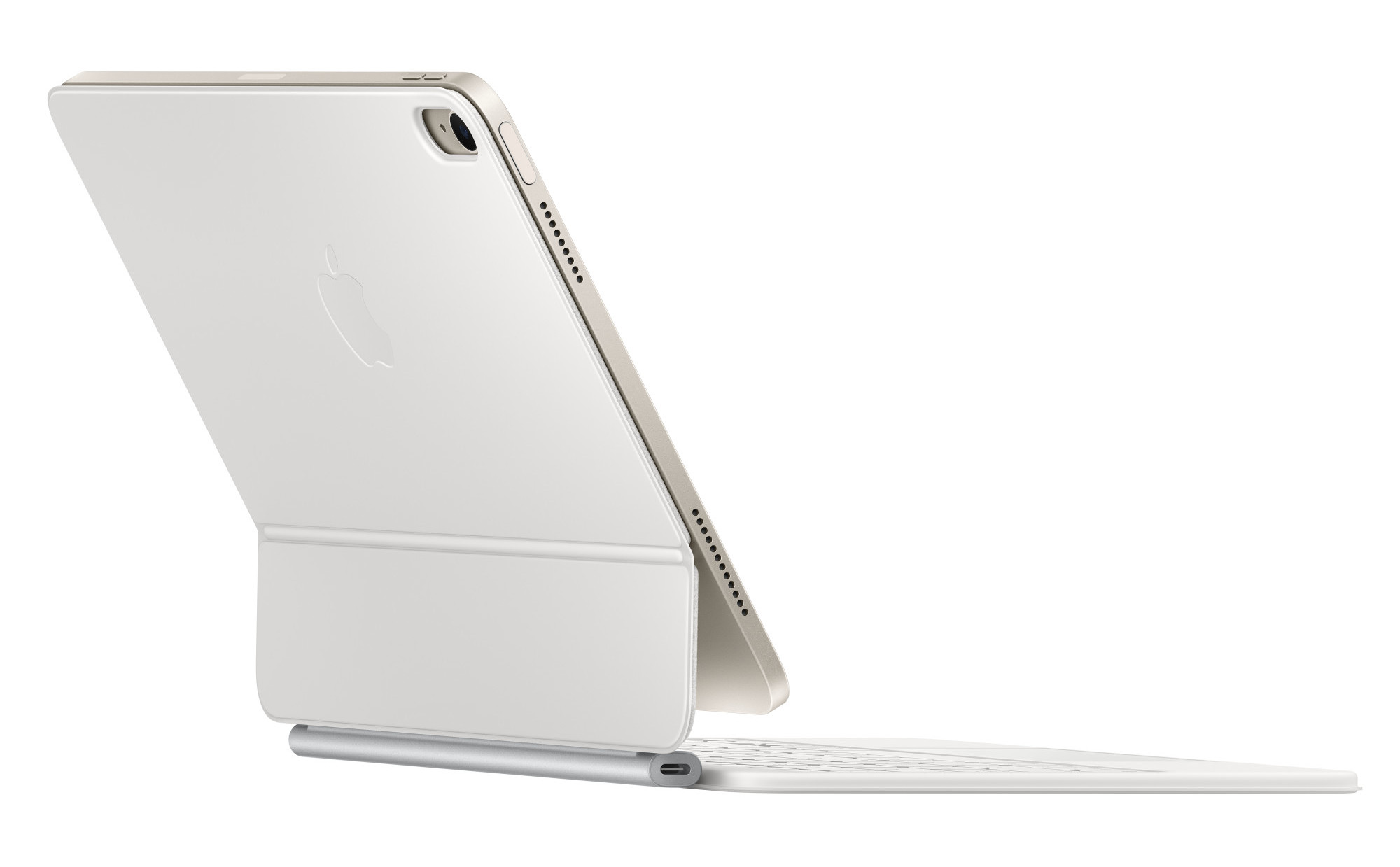 Tablet z dołączoną klawiaturą, widok z boku z logo Apple i portami.