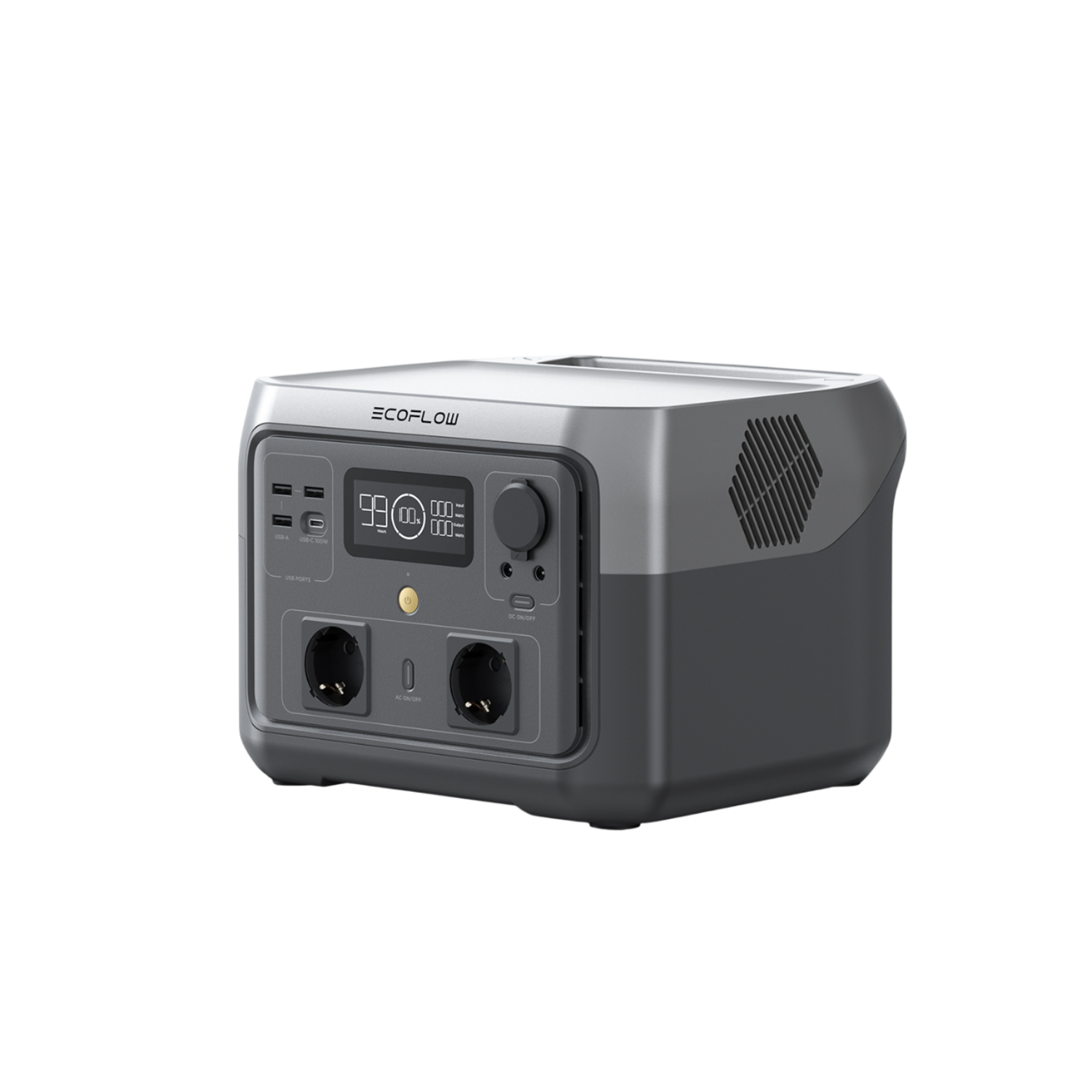 Een zwart-grijze draagbare energiecentrale. Het heeft knoppen, een display en stopcontacten.