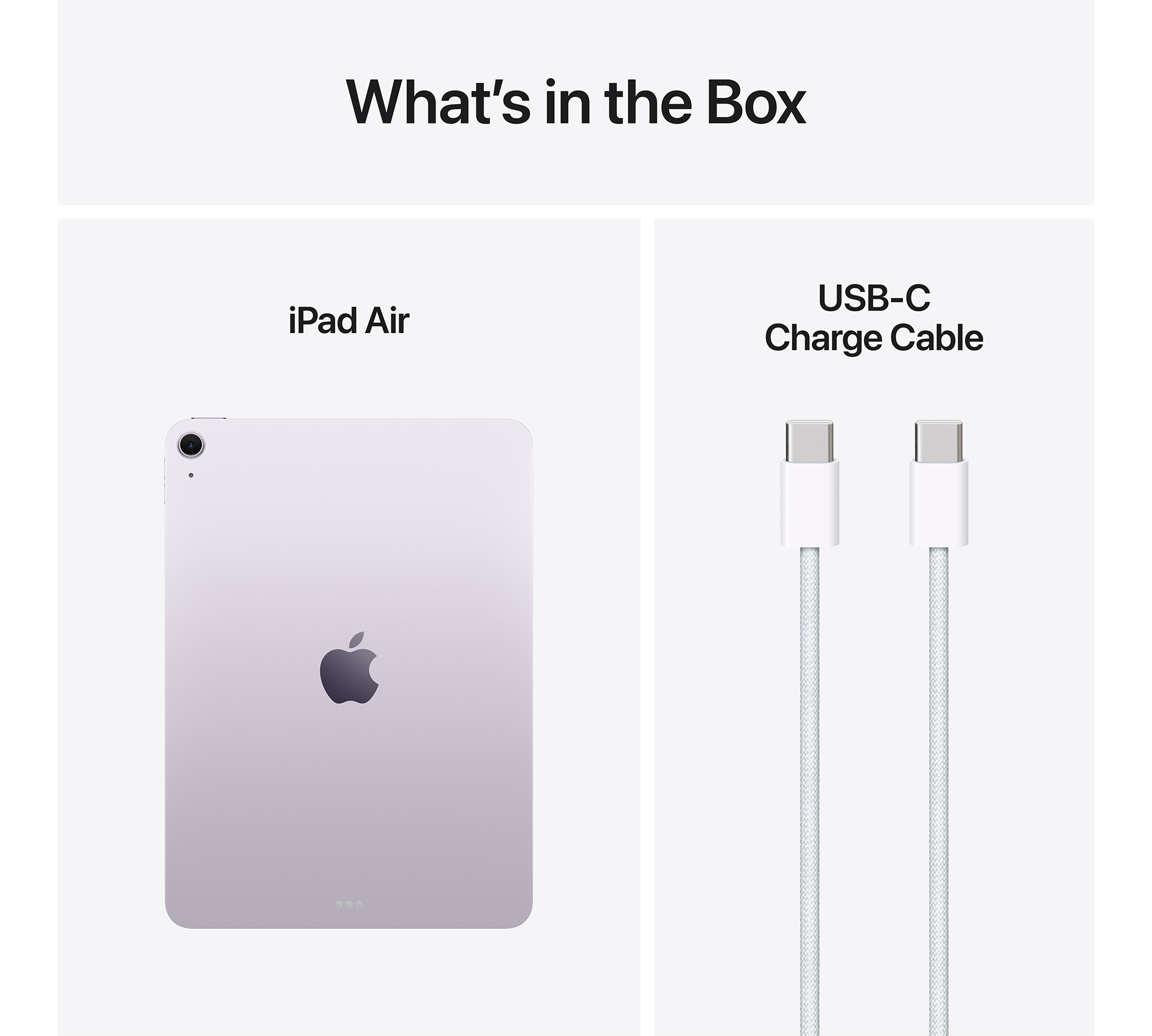 Egy iPad Air és egy USB-C kábel, fehér háttérrel.