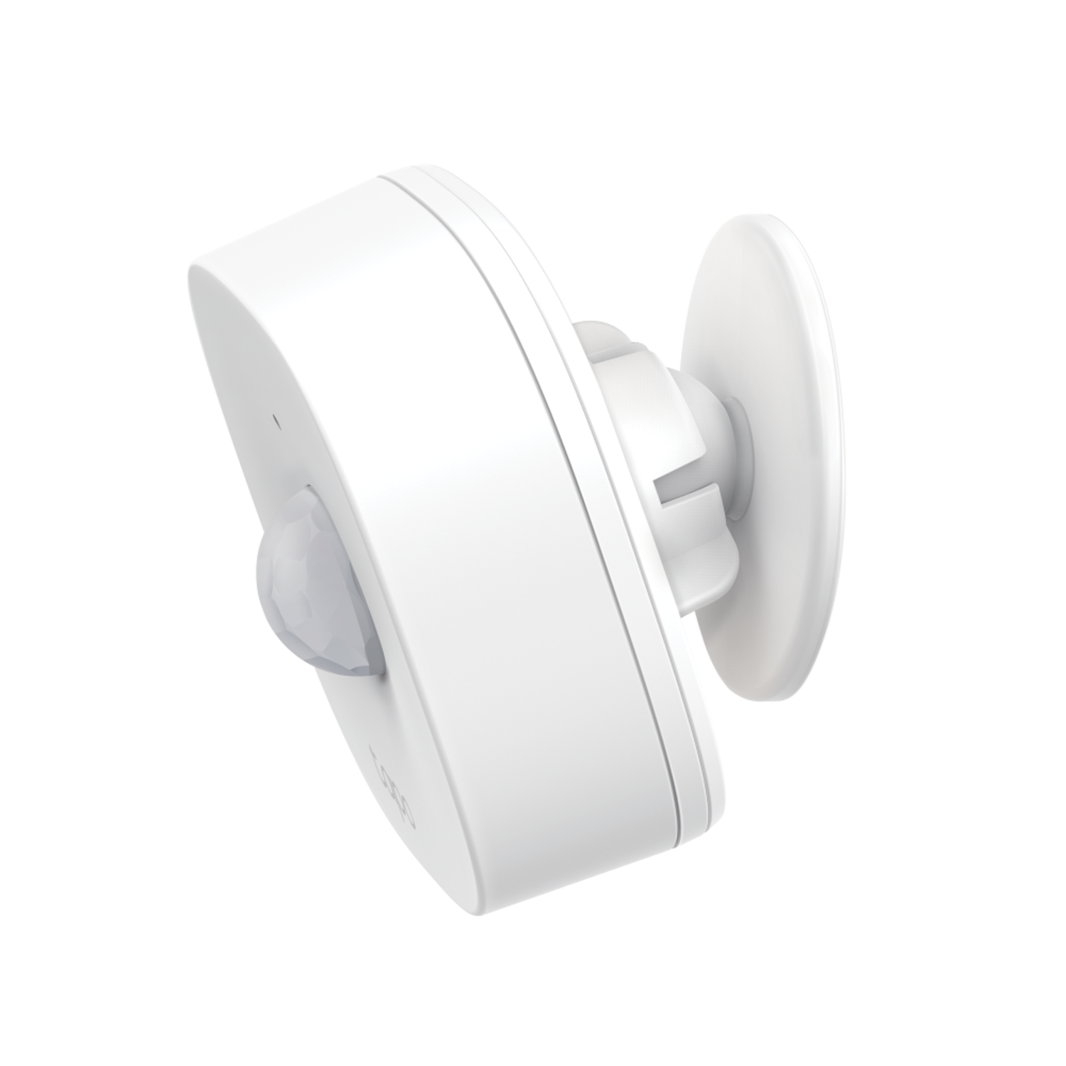 White motion sensor with a gray sensor on a black background with a white base.