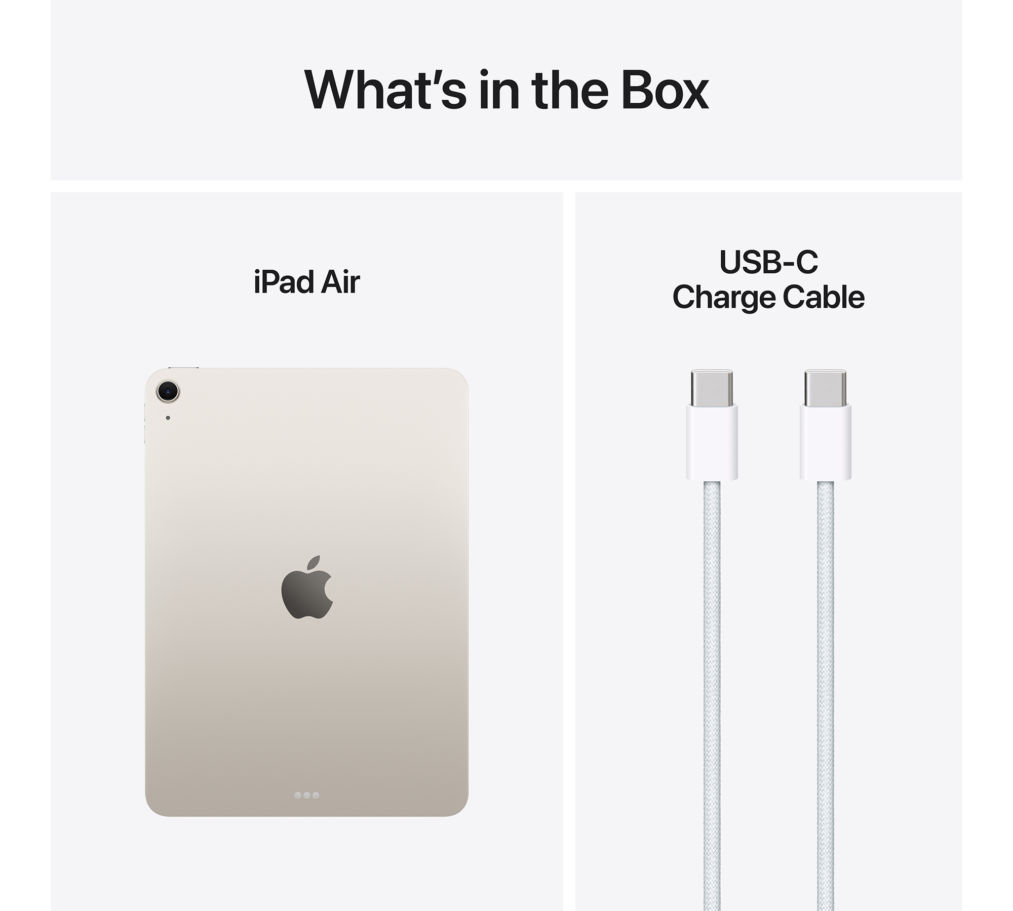 iPad Air és egy USB-C töltőkábel. A doboz a tartalmat mutatja.