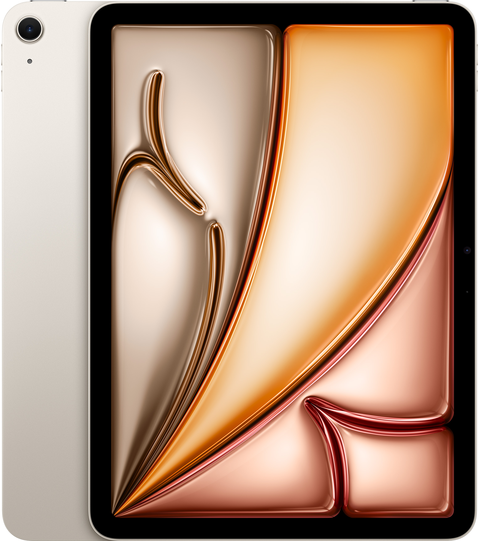 Arany-fehér iPad, absztrakt művészetet mutat a képernyőn, oldal- és hátulnézet.