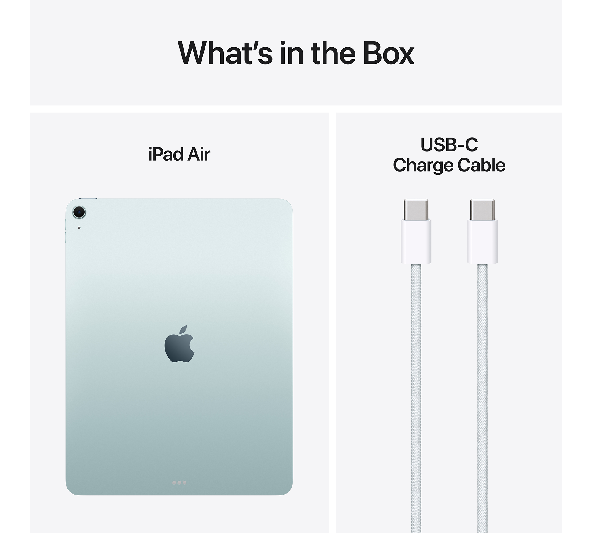 A képen egy iPad Air és egy USB-C töltőkábel látható egymás mellett. Fehér háttér.