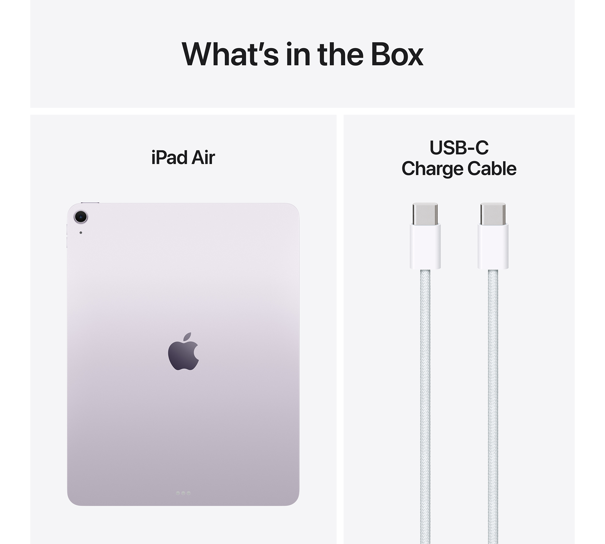 Egy iPad Air és két fehér USB-C töltőkábel. Az iPad Air világos lila színű.