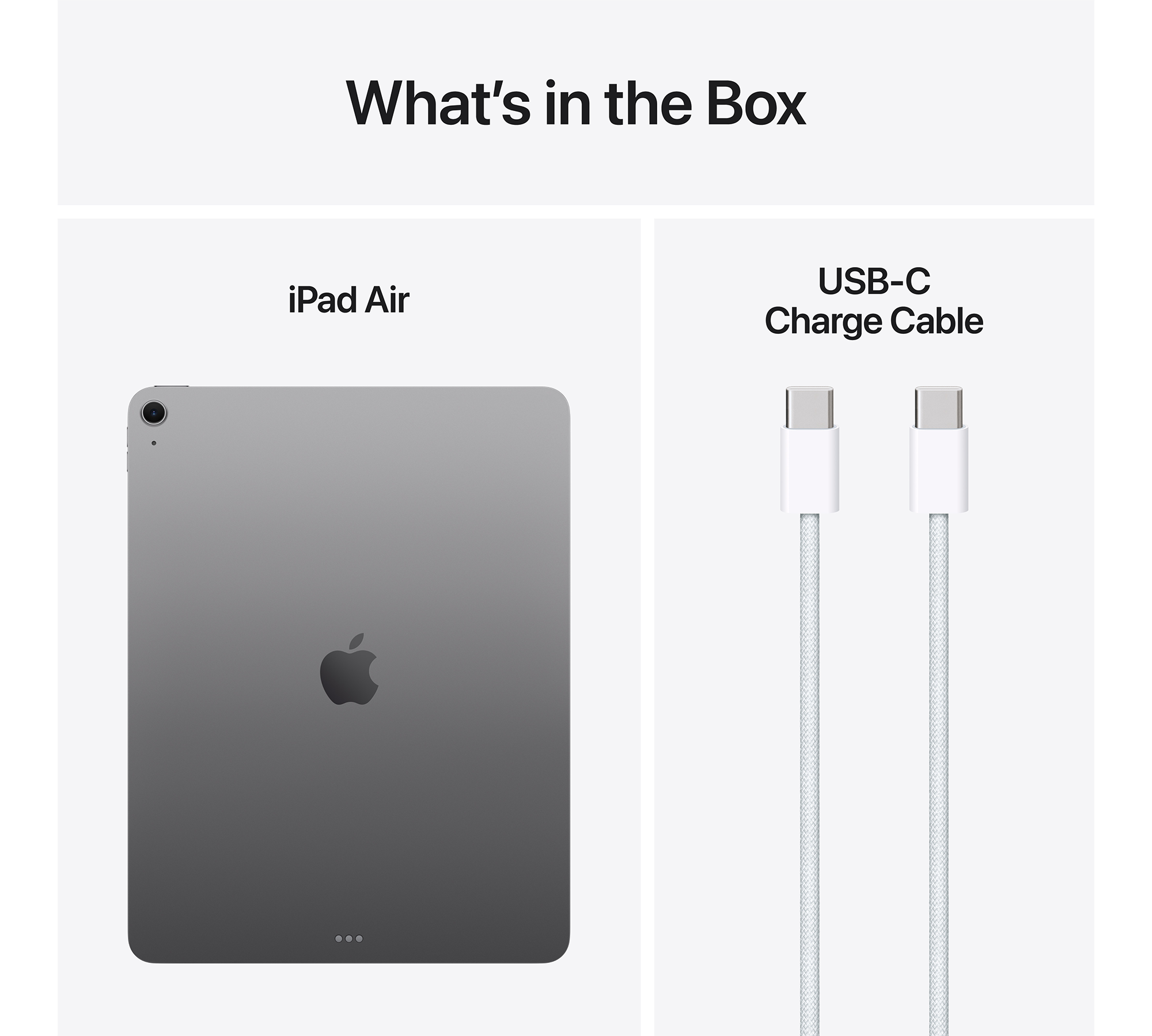 Egy iPad Air és egy USB-C kábel látható a 'Mi van a dobozban' szöveggel.