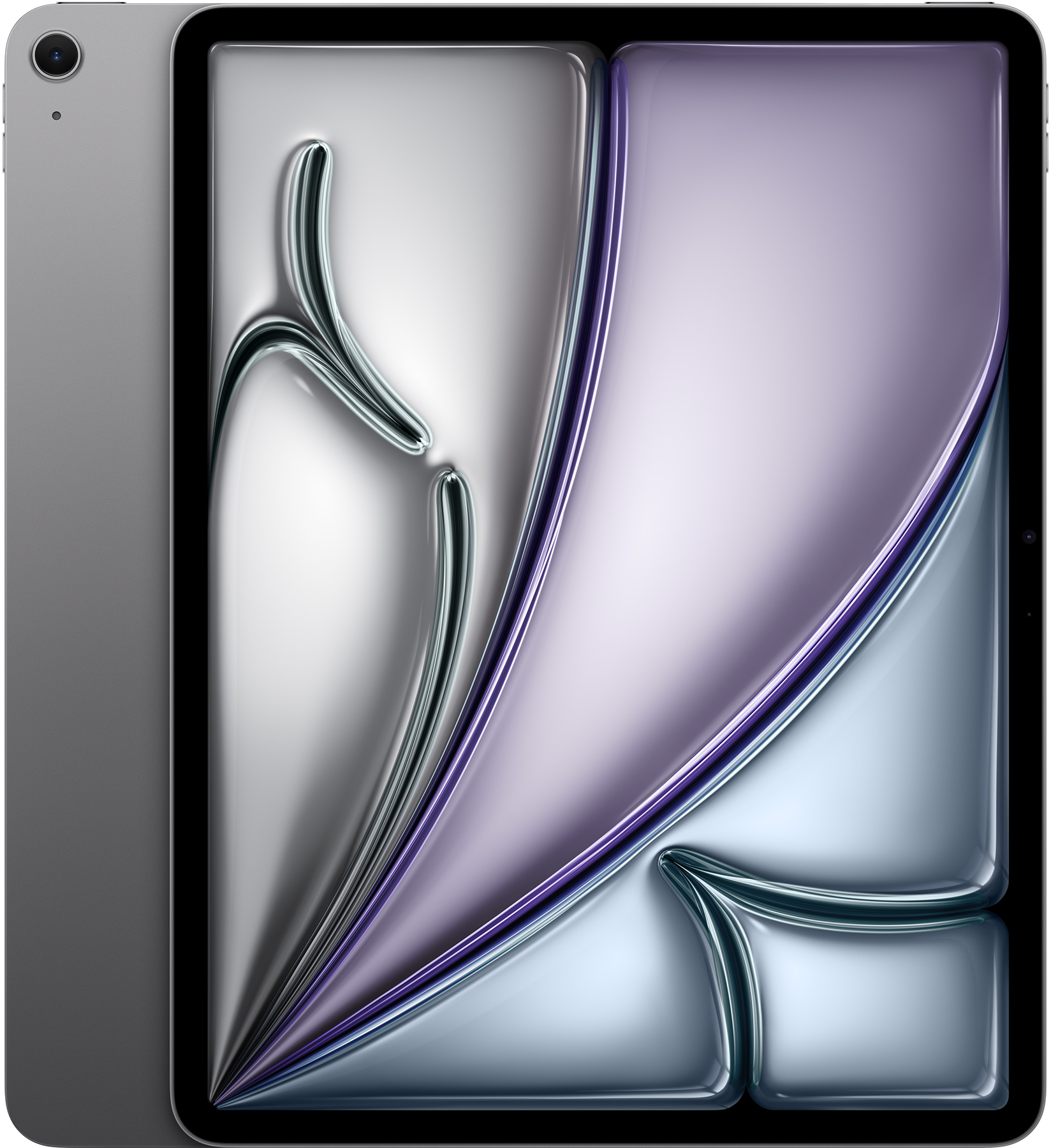 Ezüst tablet dinamikus dizájnnal a képernyőn, fekete háttérrel.