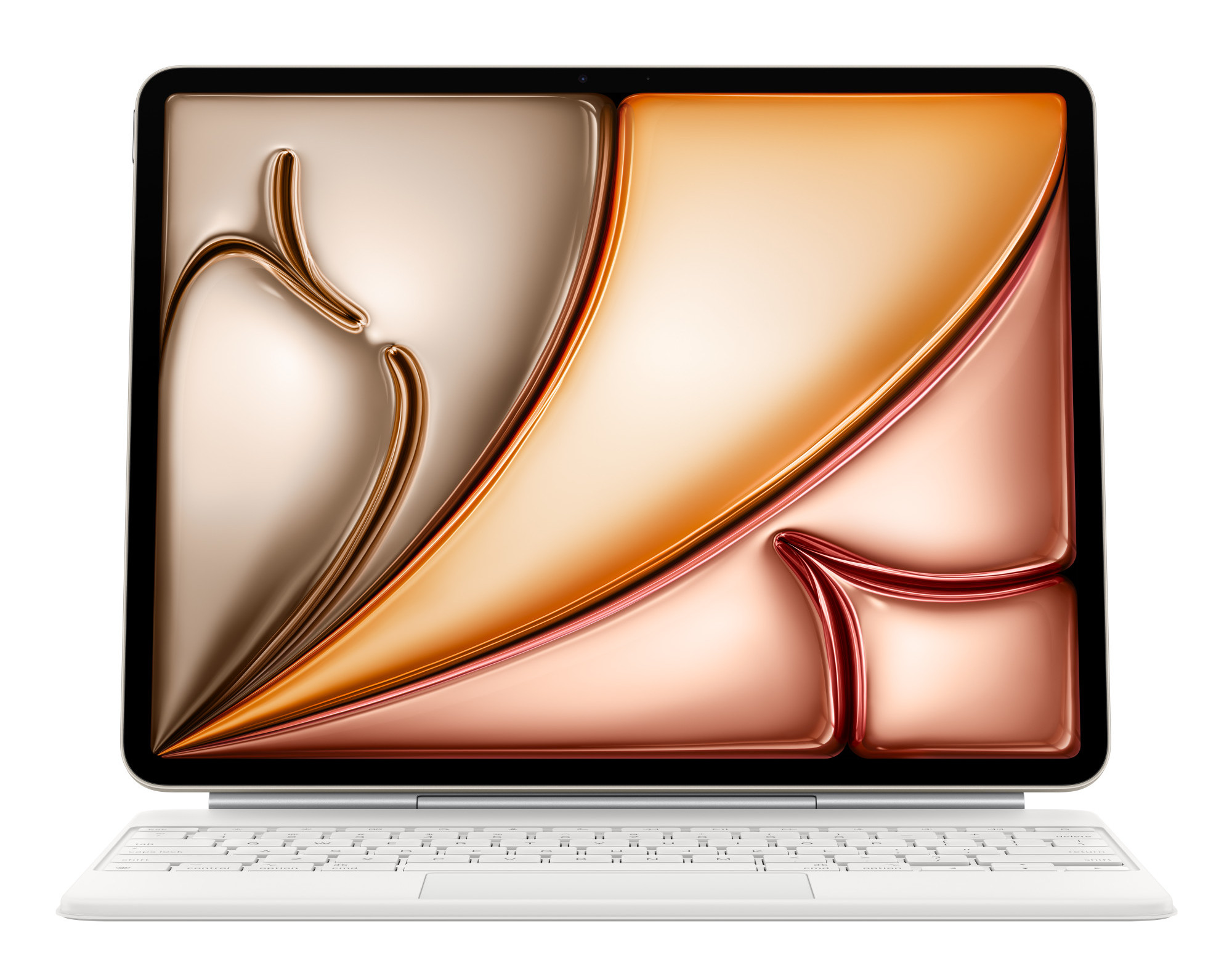 Nowoczesny laptop z białą klawiaturą i wyświetlaczem prezentującym abstrakcyjną, kolorową grafikę. Białe tło.