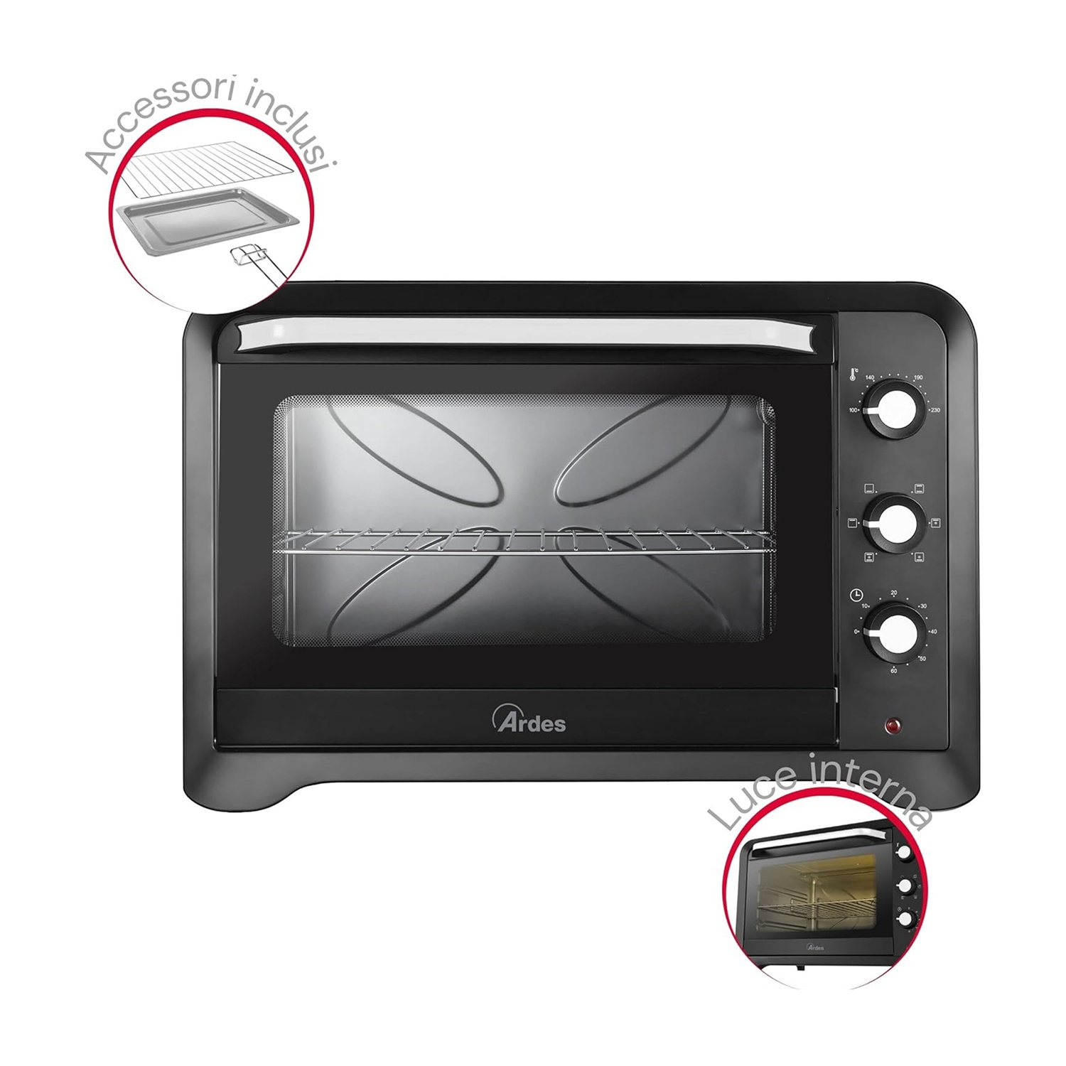 Forno nero con interno in acciaio inox e accessori inclusi, mostrato con dettaglio di un vassoio.