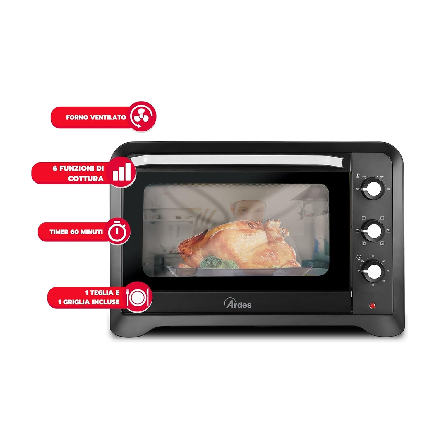 Forno nero con etichette di testo. Un pollo arrosto è visibile all'interno.