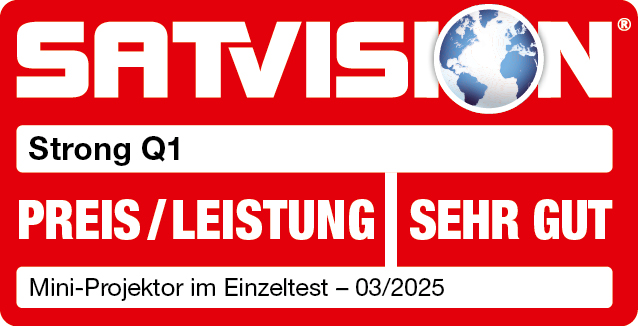 SATVISION zeigt 'SEHR GUT' für Strong Q1 Mini-Projektor. Preis/Leistung, 03/2025.