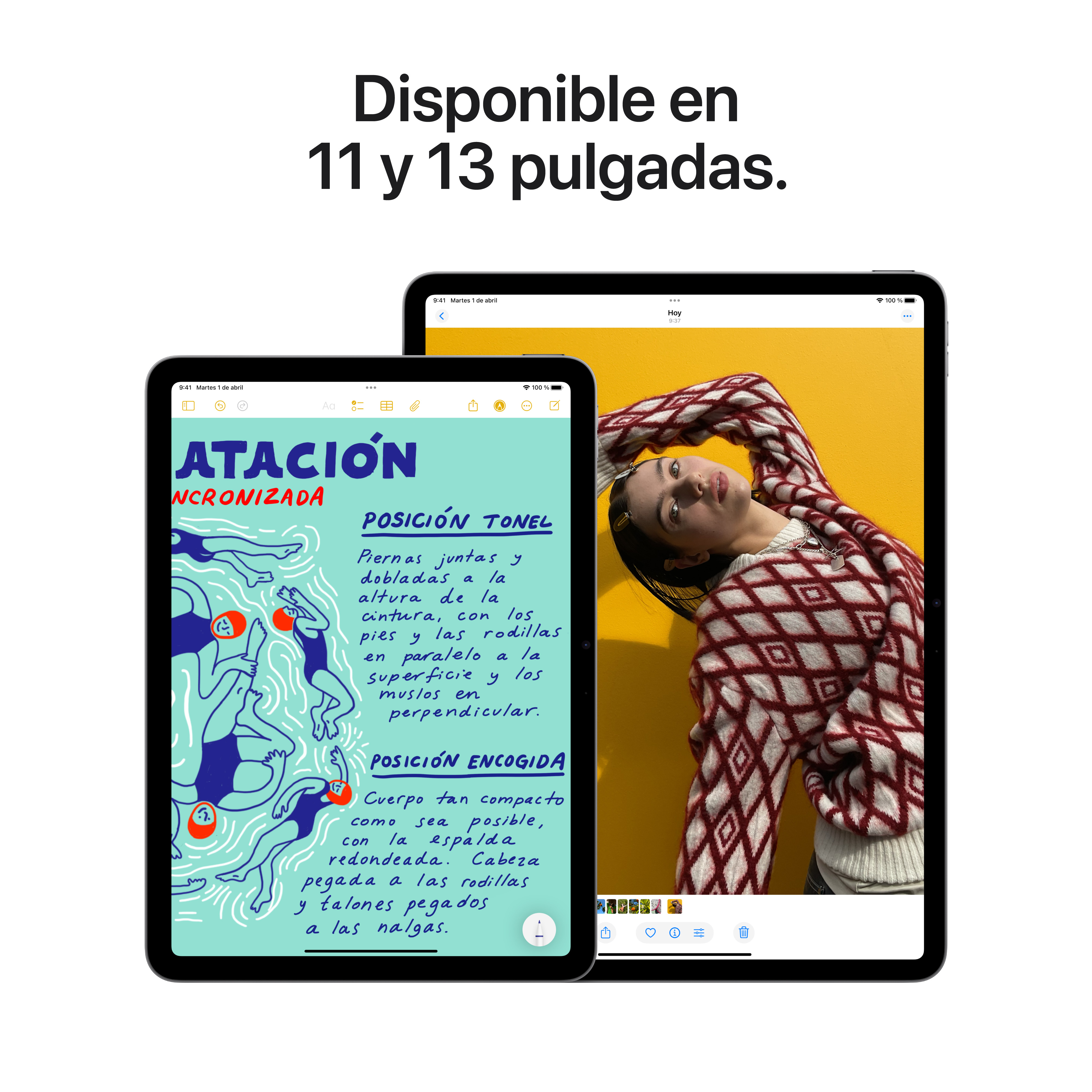 Dos tabletas una al lado de la otra, mostrando texto y una mujer con un suéter. El texto dice 'Disponible en 11 y 13 pulgadas'.