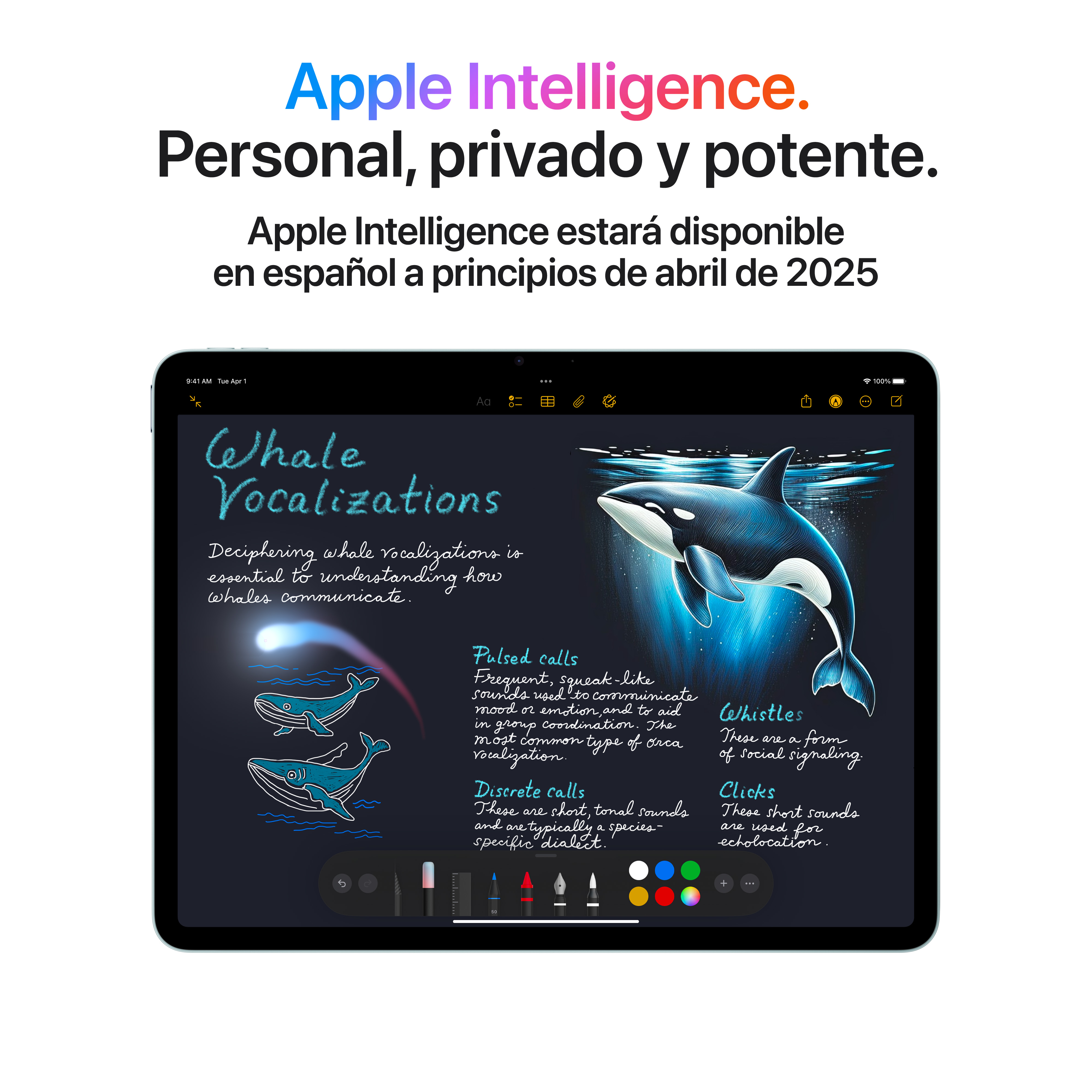 Pantalla del iPad con diagrama de vocalización de ballenas e ilustración de ballena.