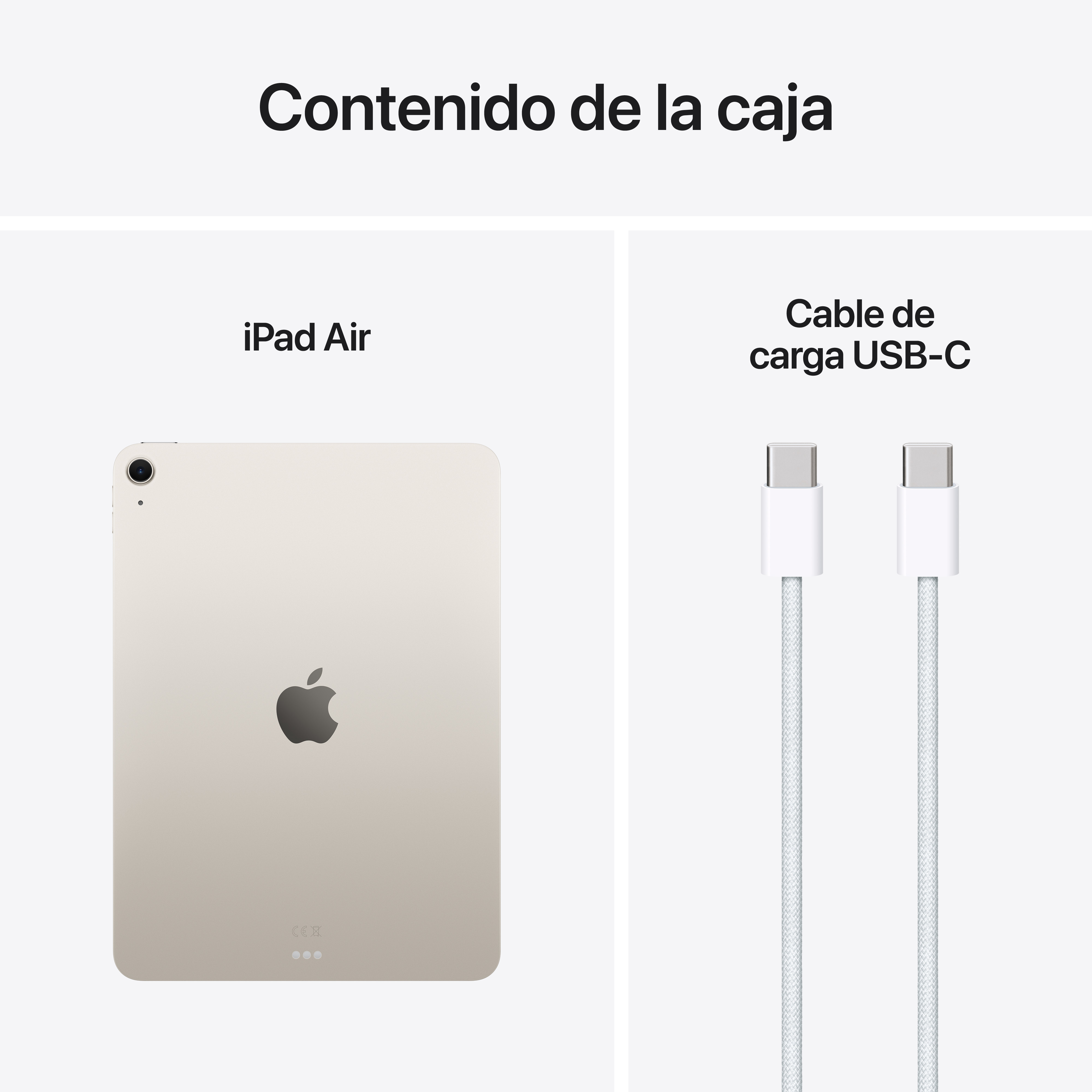 iPad Air y cable de carga USB-C, fondo blanco.