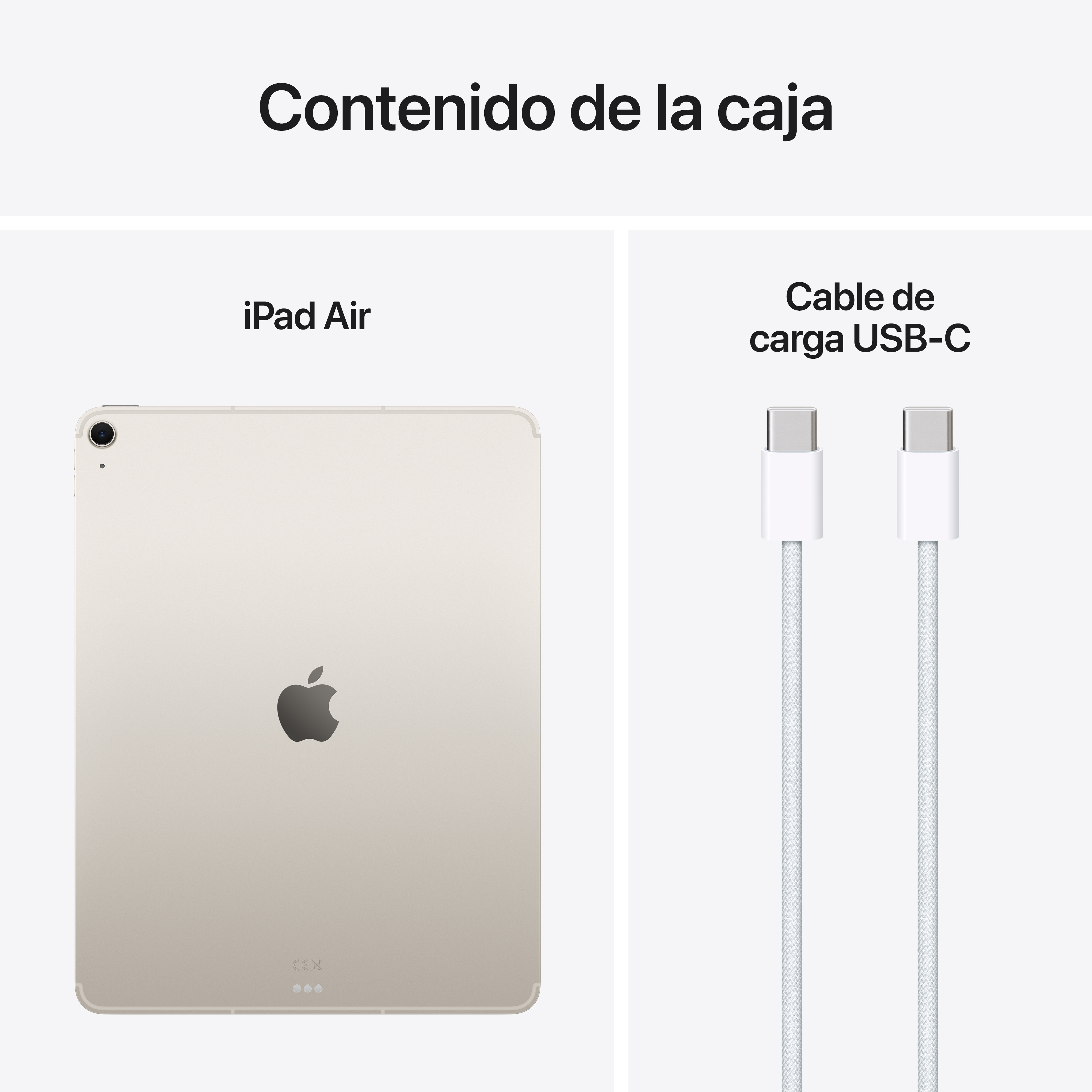 iPad Air y un cable de carga USB-C. El texto dice 'Contenido de la caja'.