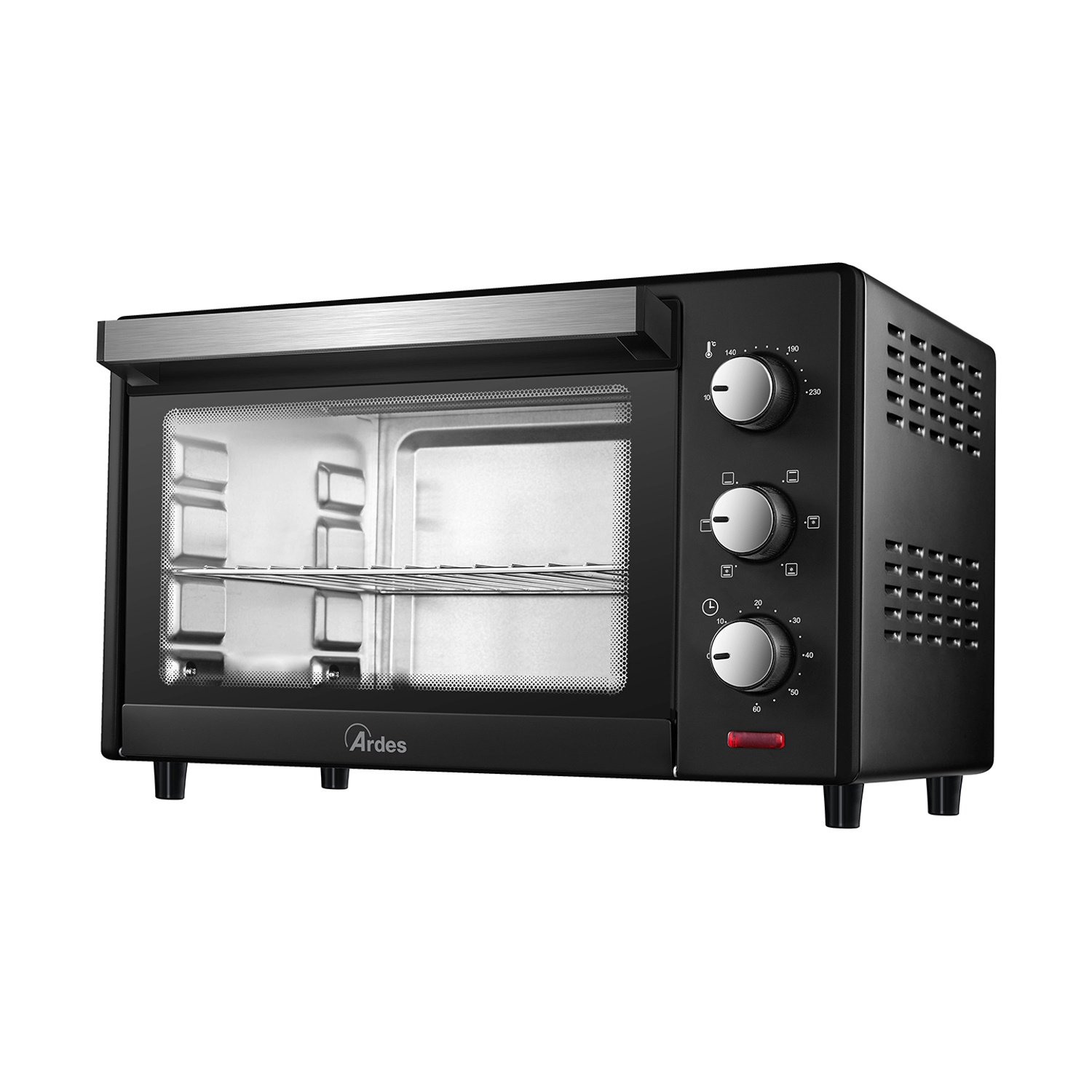 Forno da banco nero con tre manopole, una porta e un frontale in vetro, isolato su bianco.