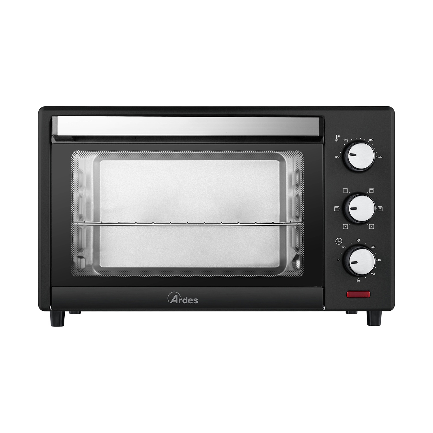 Forno nero con quadranti e comandi. Il forno è chiuso e su sfondo bianco. Il marchio è visibile.