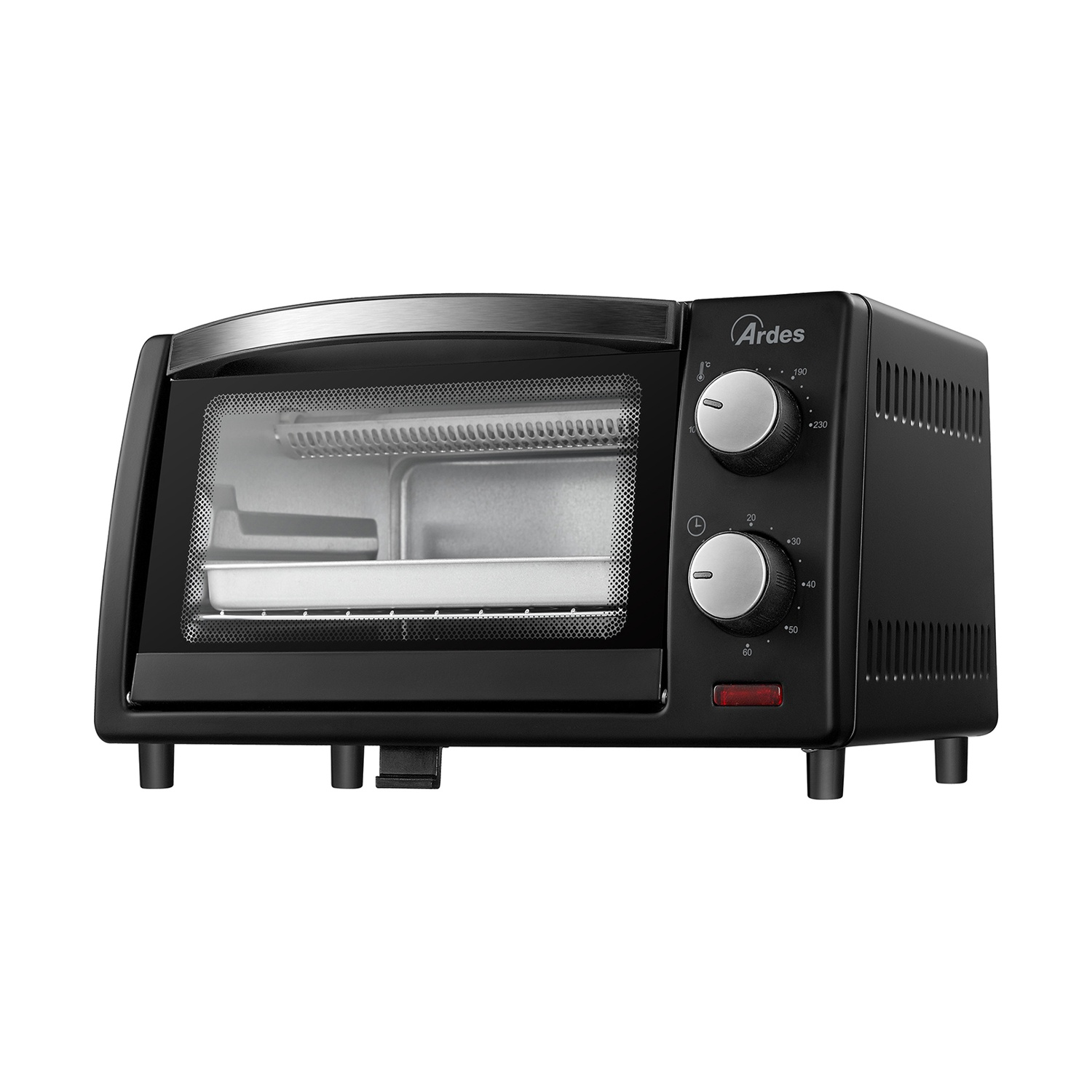 Un forno nero da banco con porta a vetro e due manopole.