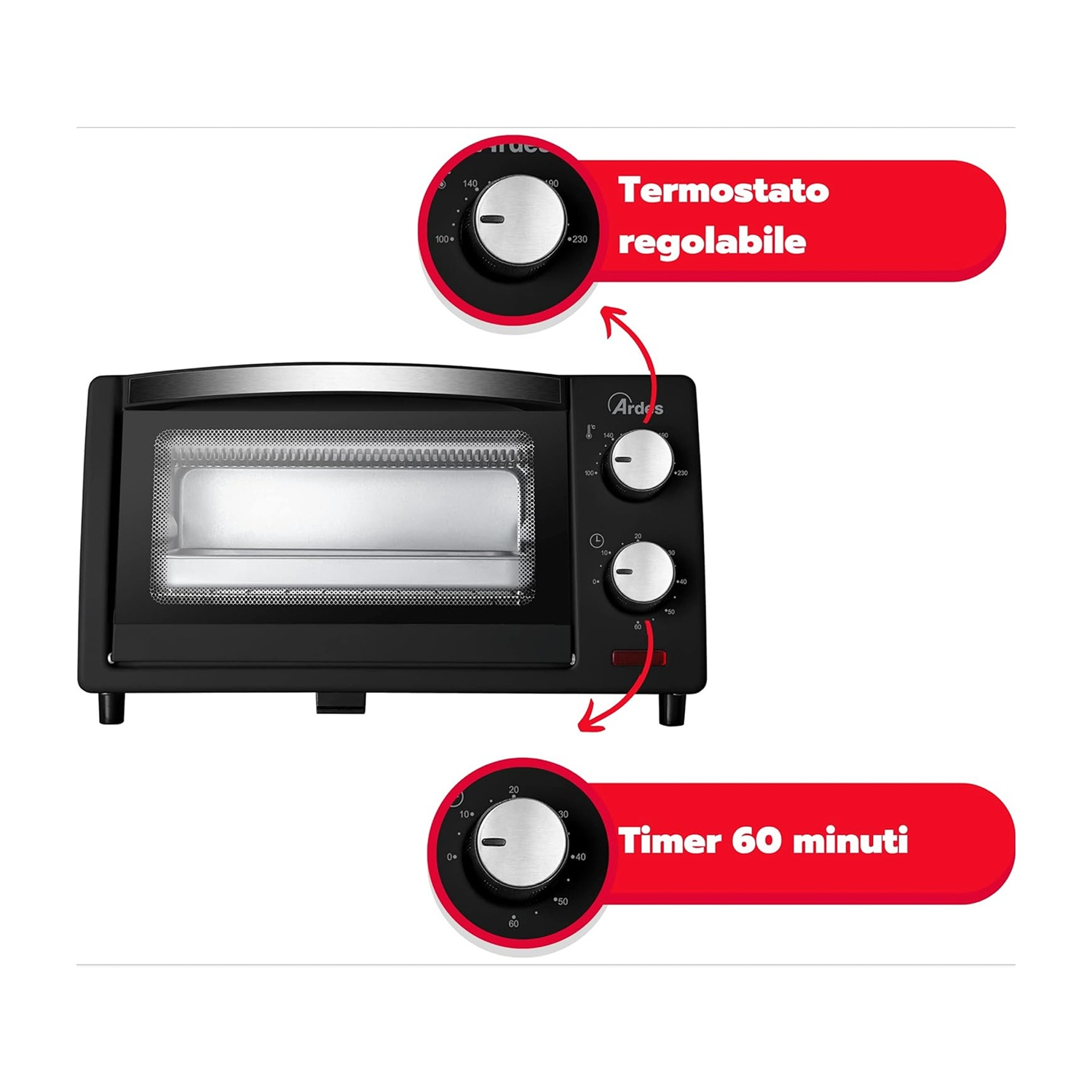 Un mini forno Ardes nero con manopole di controllo e timer. Etichette rosse mostrano le funzioni.