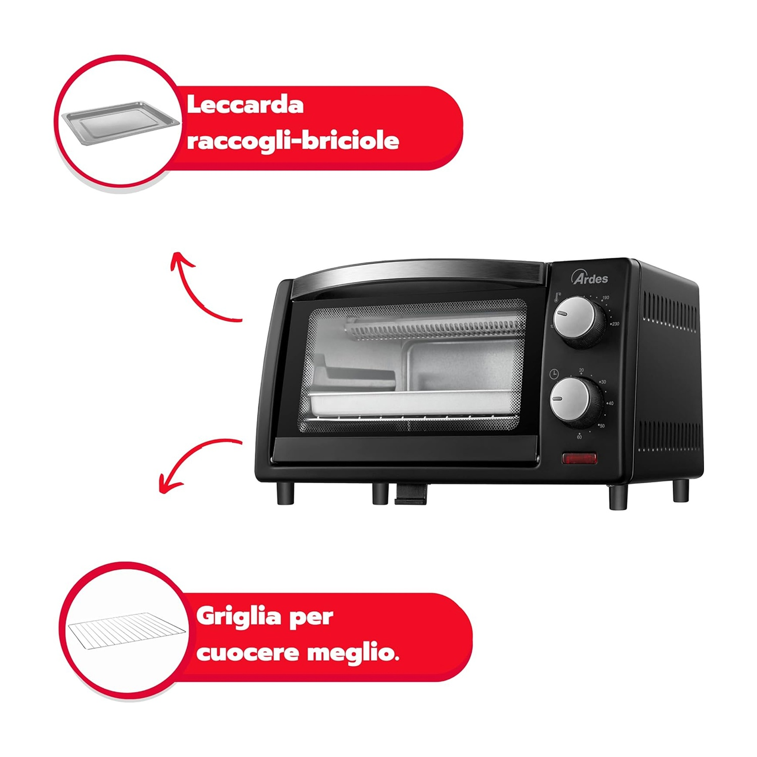 Forno nero con primo piano dei controlli e un vassoio. Le frecce puntano al vassoio raccogli-briciole e alla griglia.