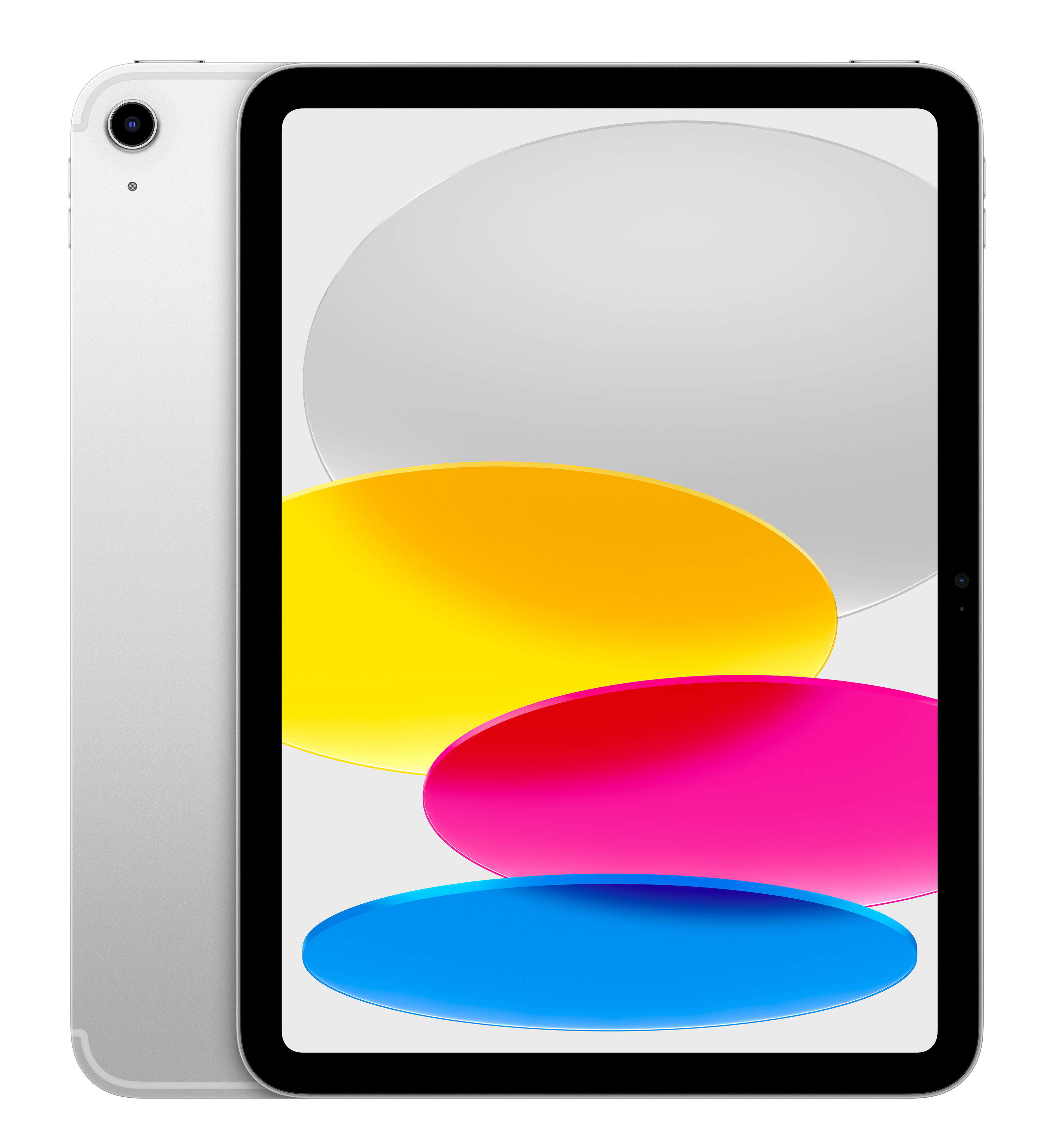 Srebrny iPad z czarnym ekranem. Wyświetla kolorowe, nachodzące na siebie kształty.