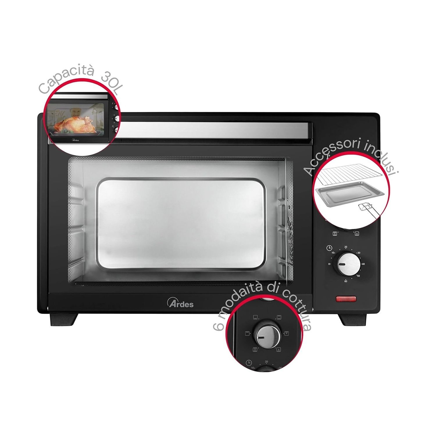 Forno nero con comandi, accessori inclusi, piccola immagine di cibo all'interno.