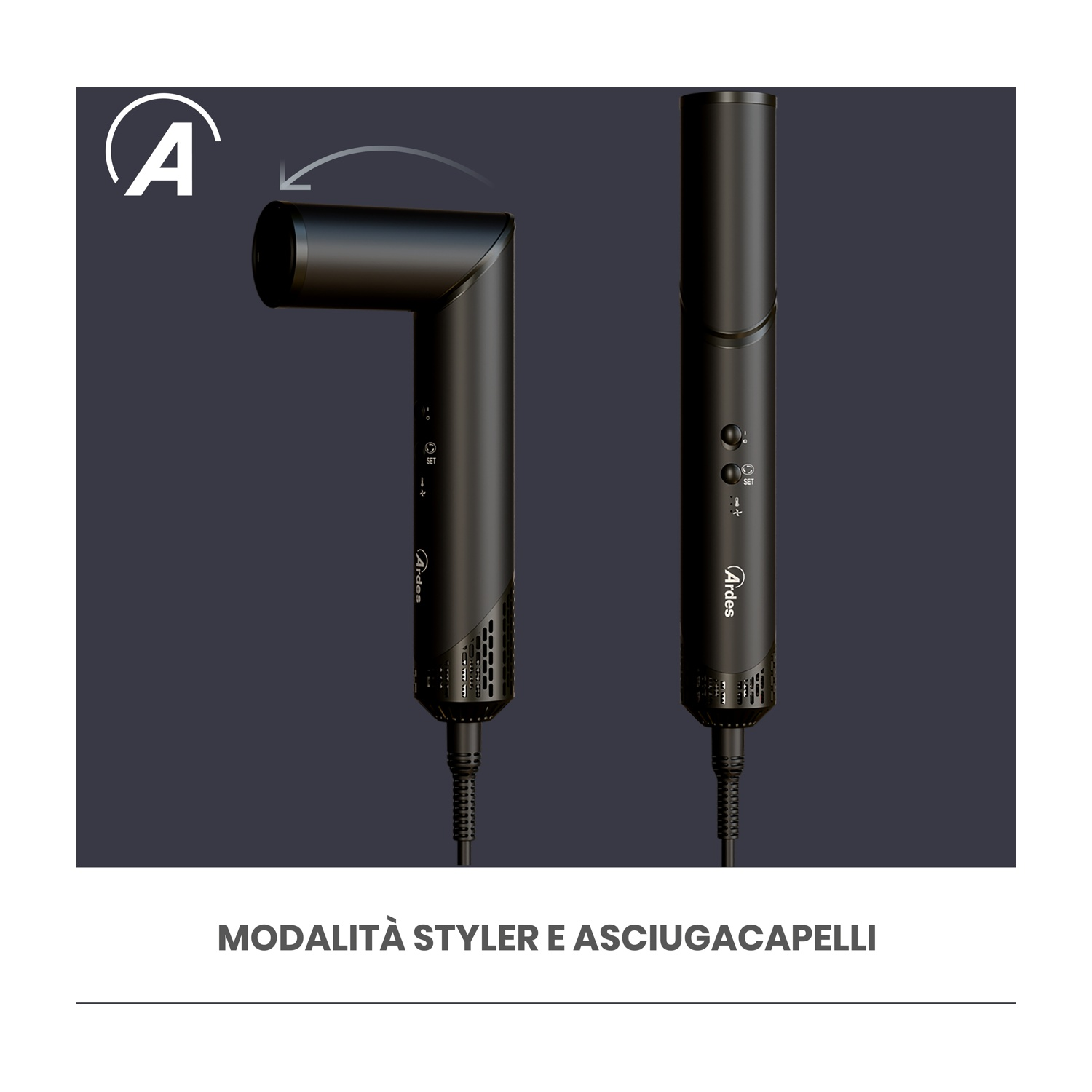 Styler nero per capelli in due posizioni. Uno piegato, l'altro dritto. Il logo del marchio è visibile.