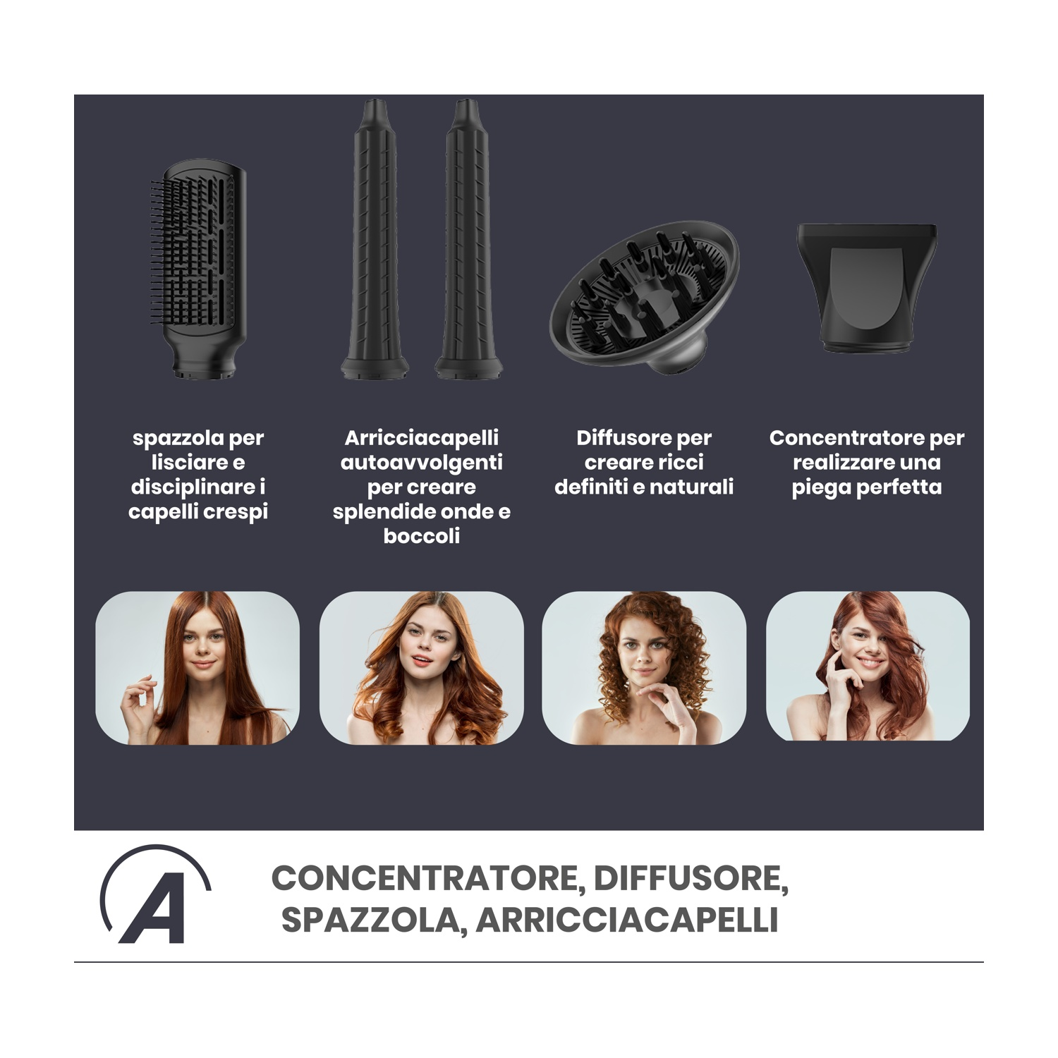Accessori neri per lo styling dei capelli e donne con capelli acconciati. Vengono mostrati vari strumenti.