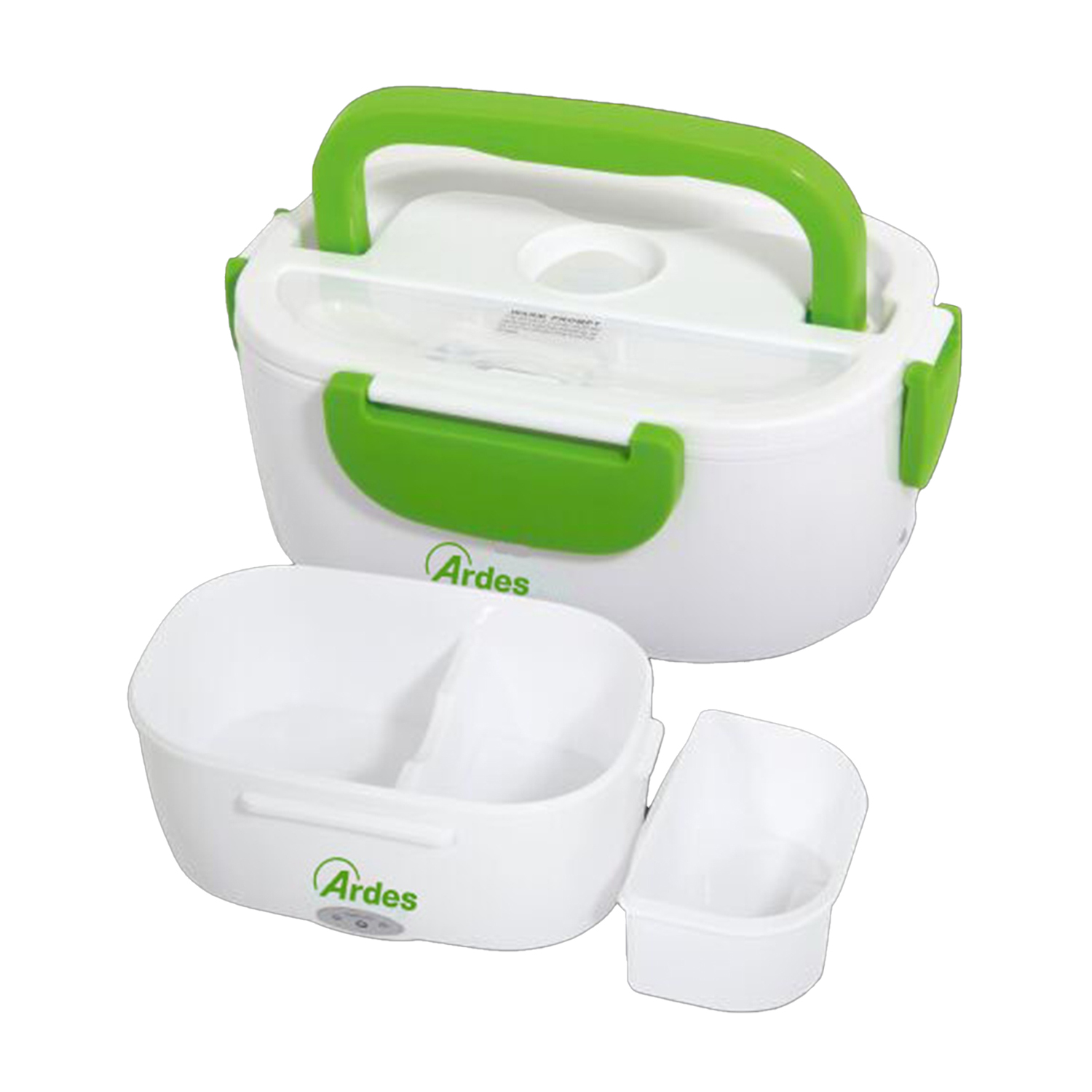 Lunch box bianca e verde con scomparti e manico.