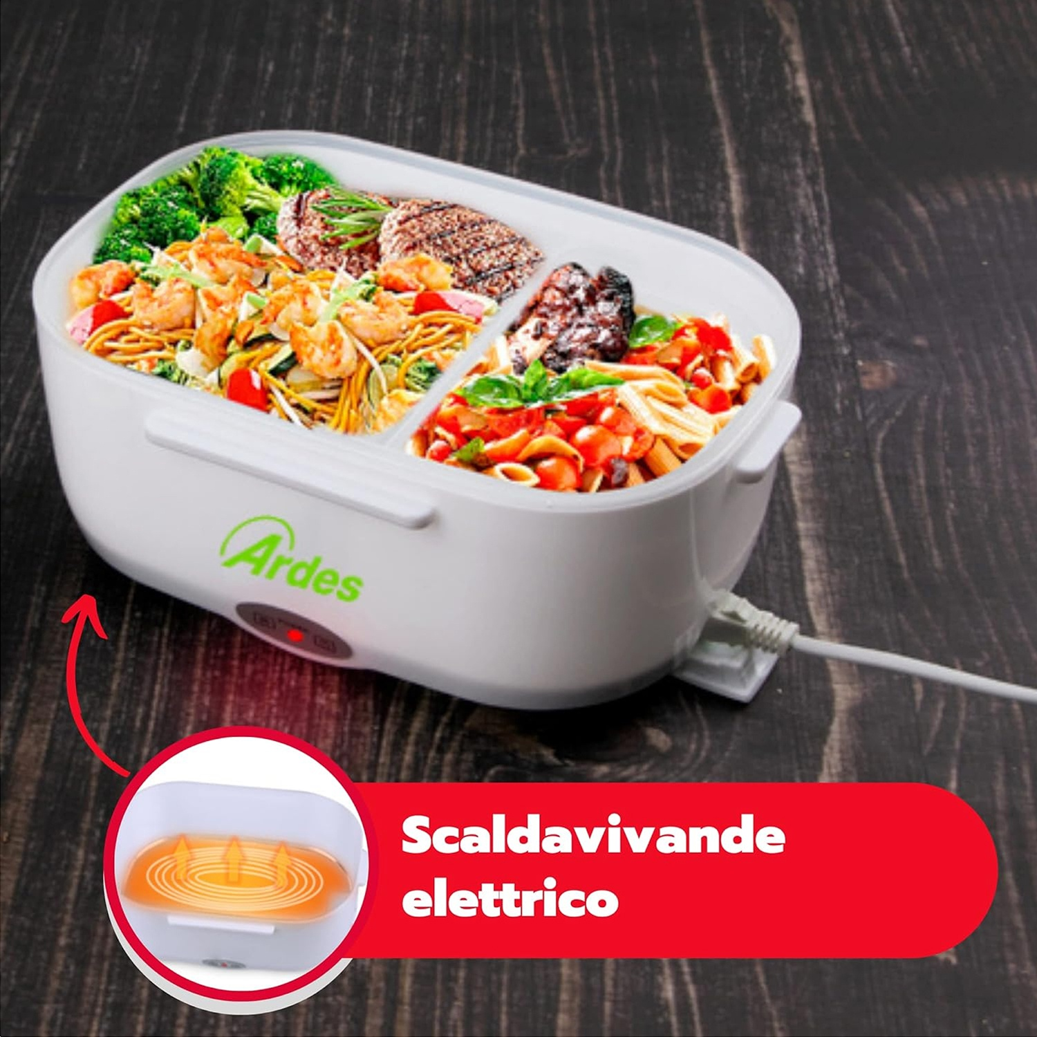 Portapranzo bianco con scomparti per cibo e piccola immagine dell'elemento riscaldante.