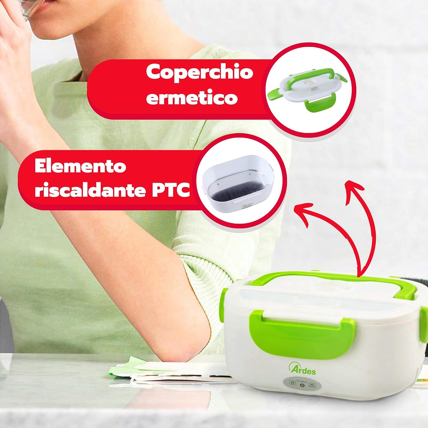Lunch box bianca con manico e coperchio verdi, con un diagramma del coperchio e dell'elemento riscaldante.