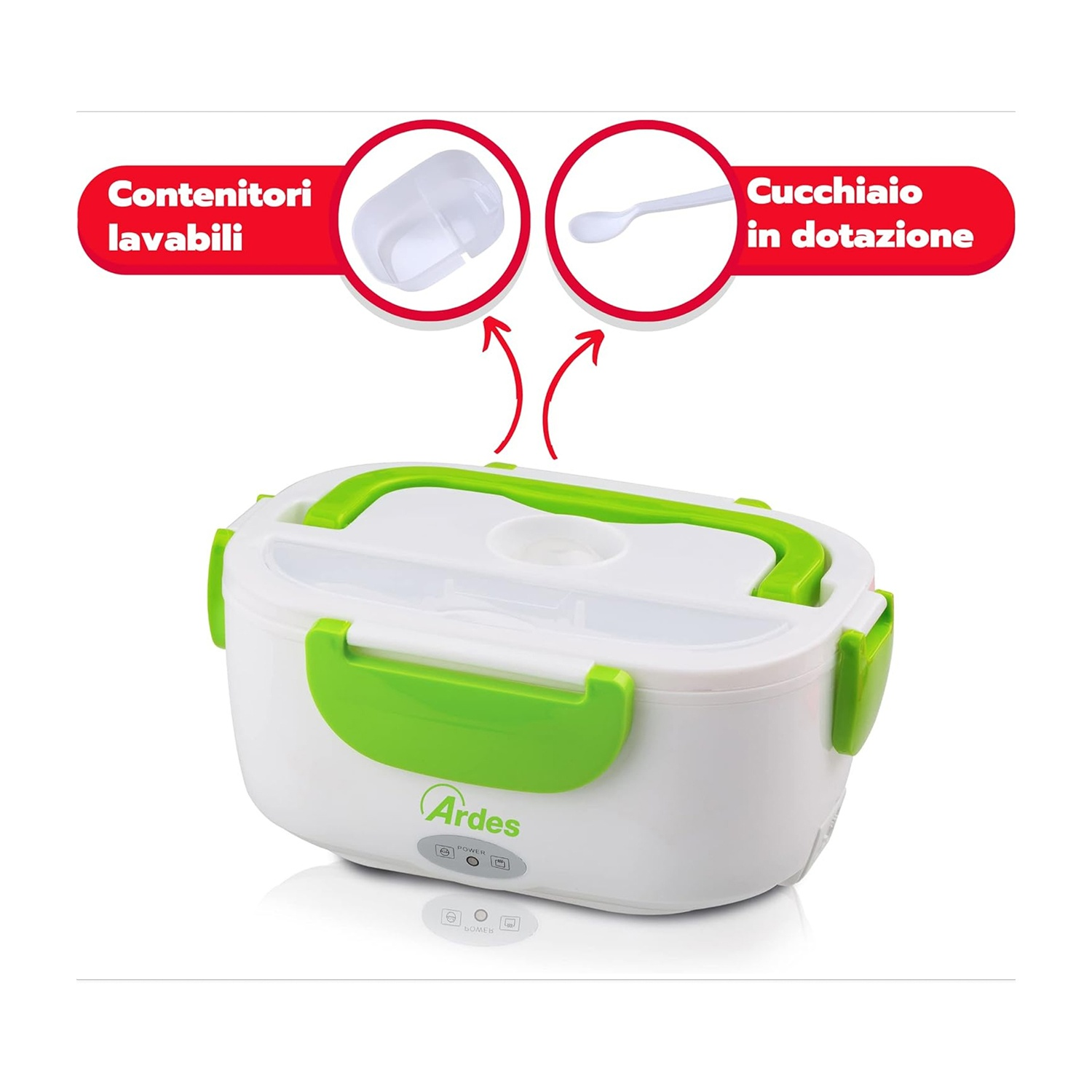 Lunch box bianca e verde con cucchiaio e contenitori. Testo: 'Contenitori lavabili'.