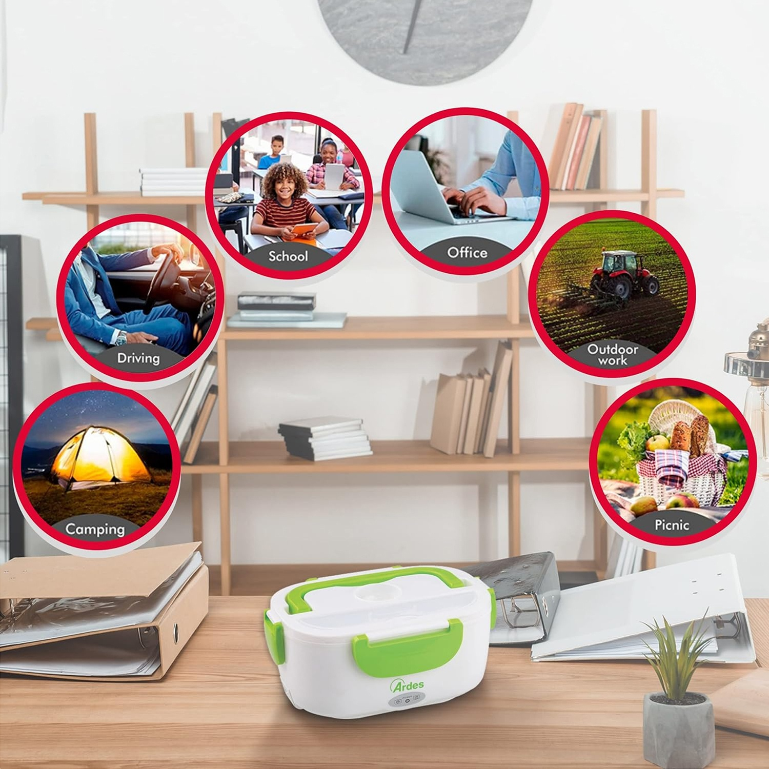 Una lunchbox con icone di attività: scuola, ufficio, guida, campeggio, lavoro all'aperto e picnic.