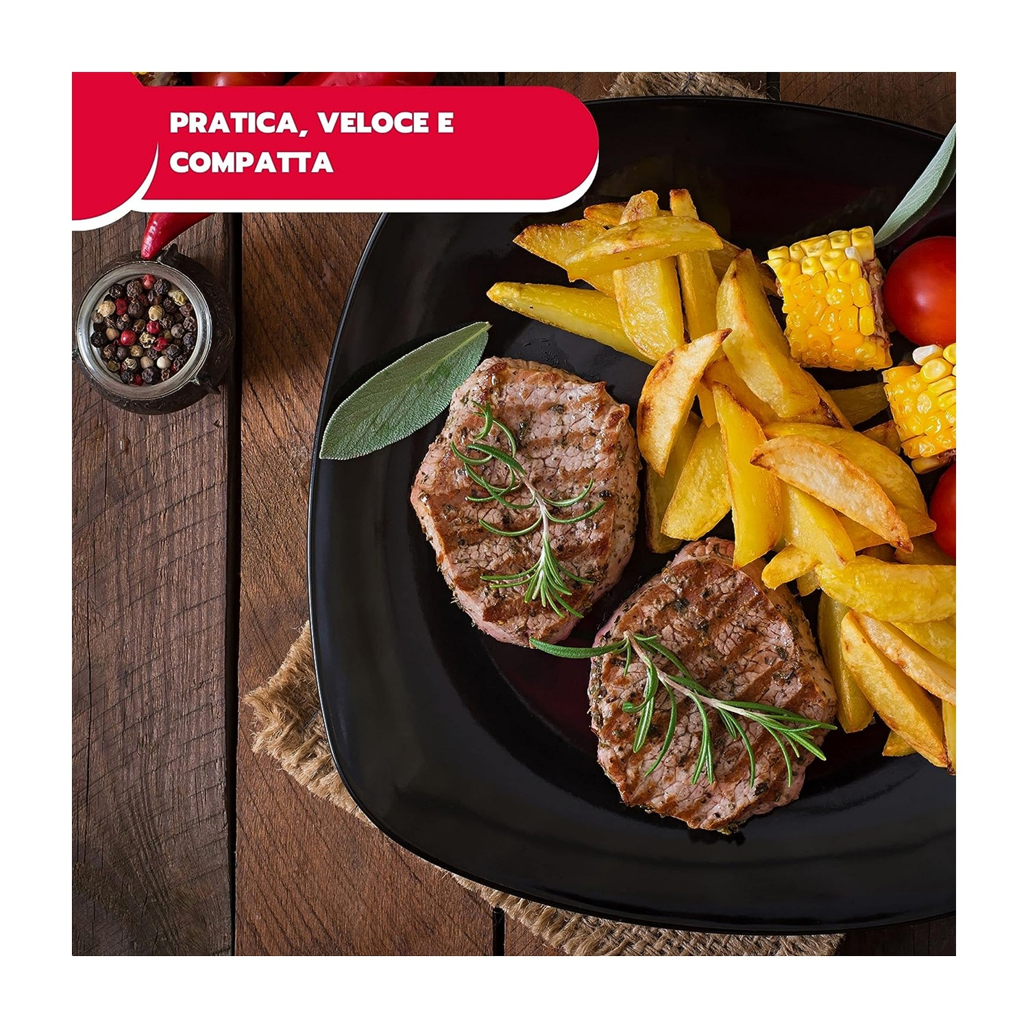 Piatto con due bistecche, patatine fritte, mais e spezie. Sfondo: tavolo in legno.
