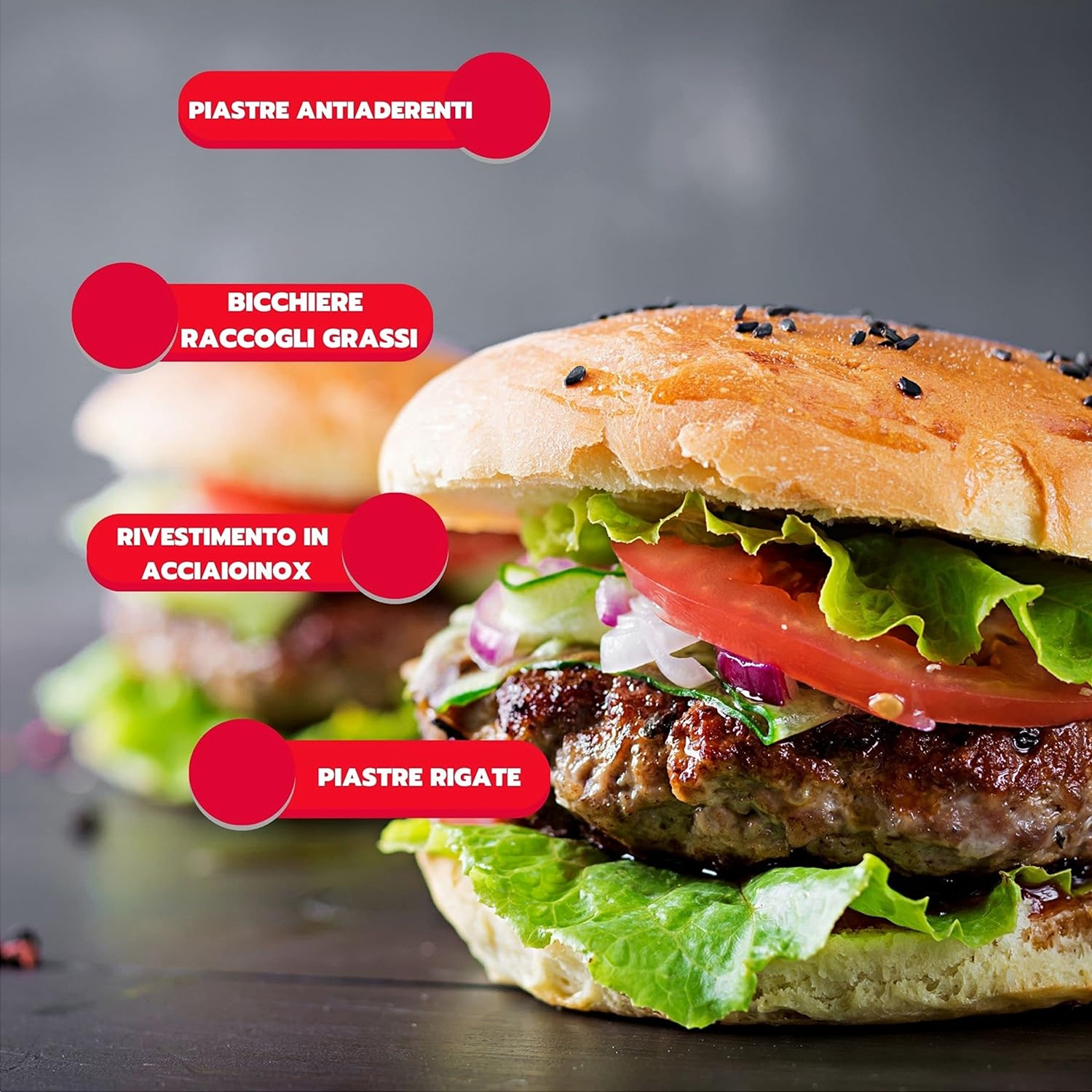 Un primo piano di due hamburger con lattuga, pomodoro e uno striscione rosso.