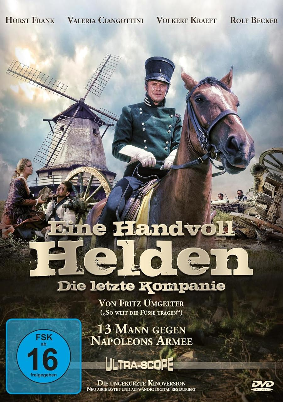 Ein Filmplakat mit Text und einem Mann auf einem Pferd. Hintergrund: Windmühlen und andere Personen.