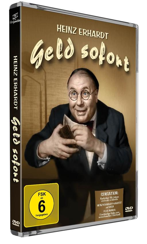 Eine DVD-Hülle mit einem Bild eines Mannes mit Brille, der Geld hält. Der Titel ist Geld Sofort.