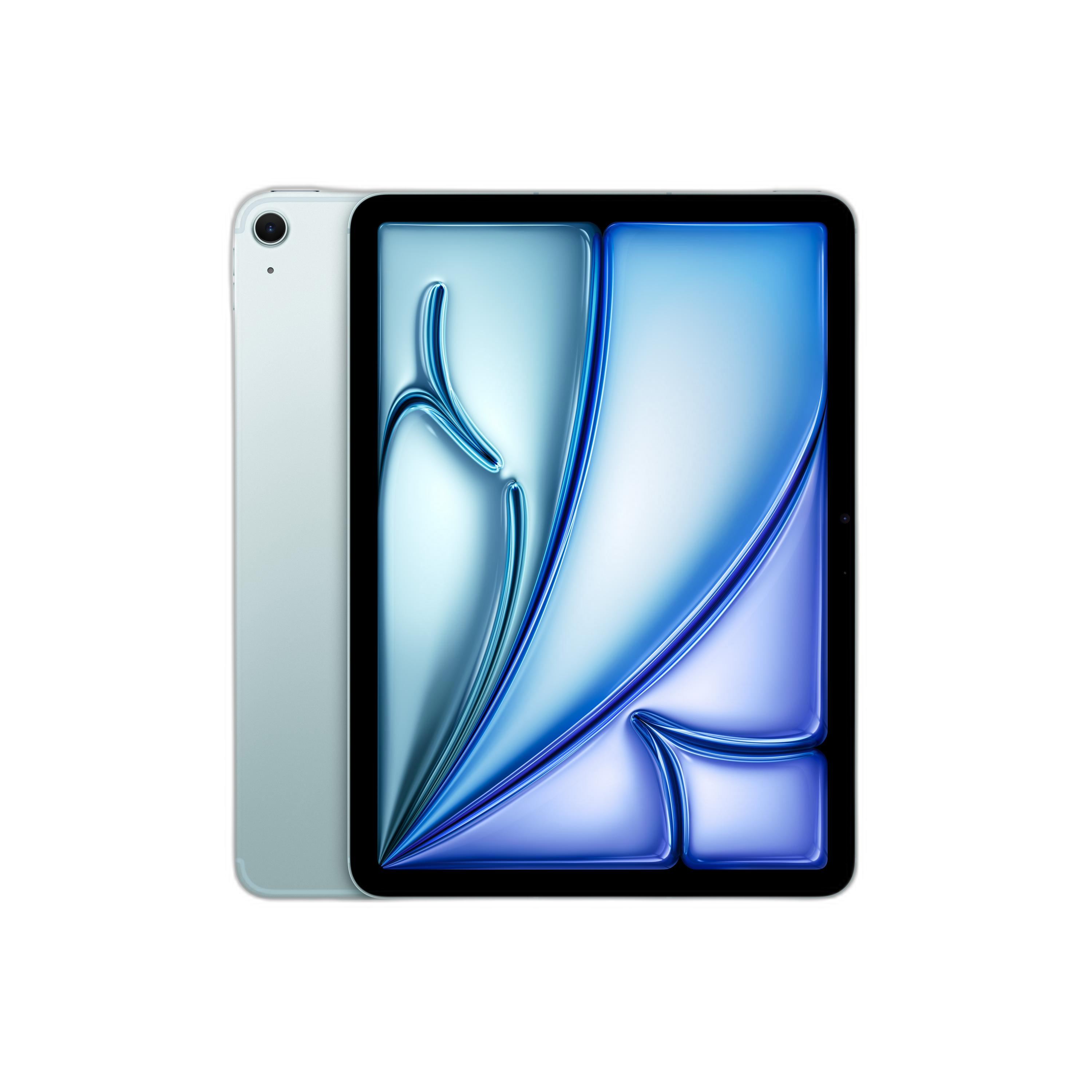 Un iPad en modo retrato, con una parte trasera azul claro y una pantalla con un diseño azul.