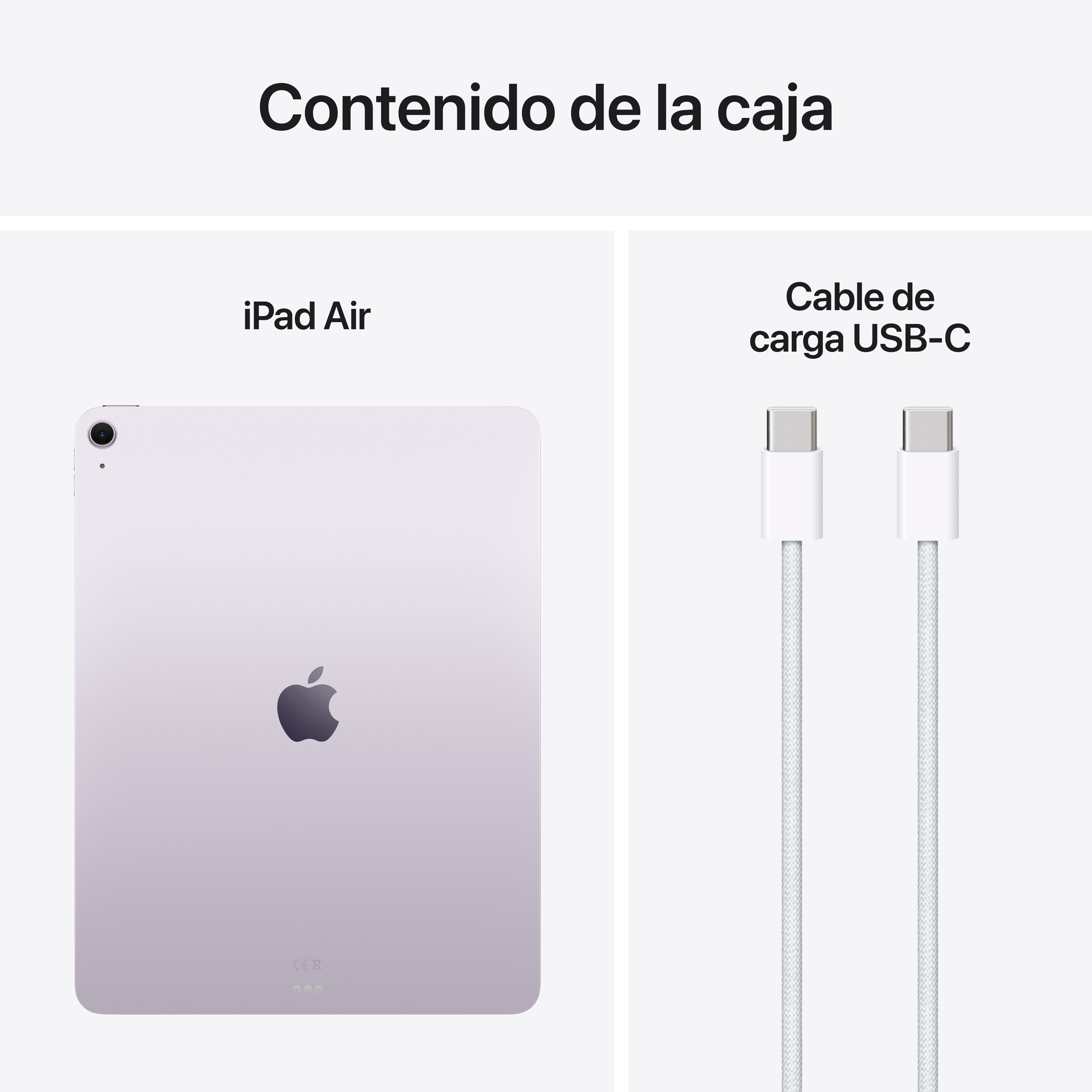 iPad Air y cable de carga USB-C sobre fondo blanco.