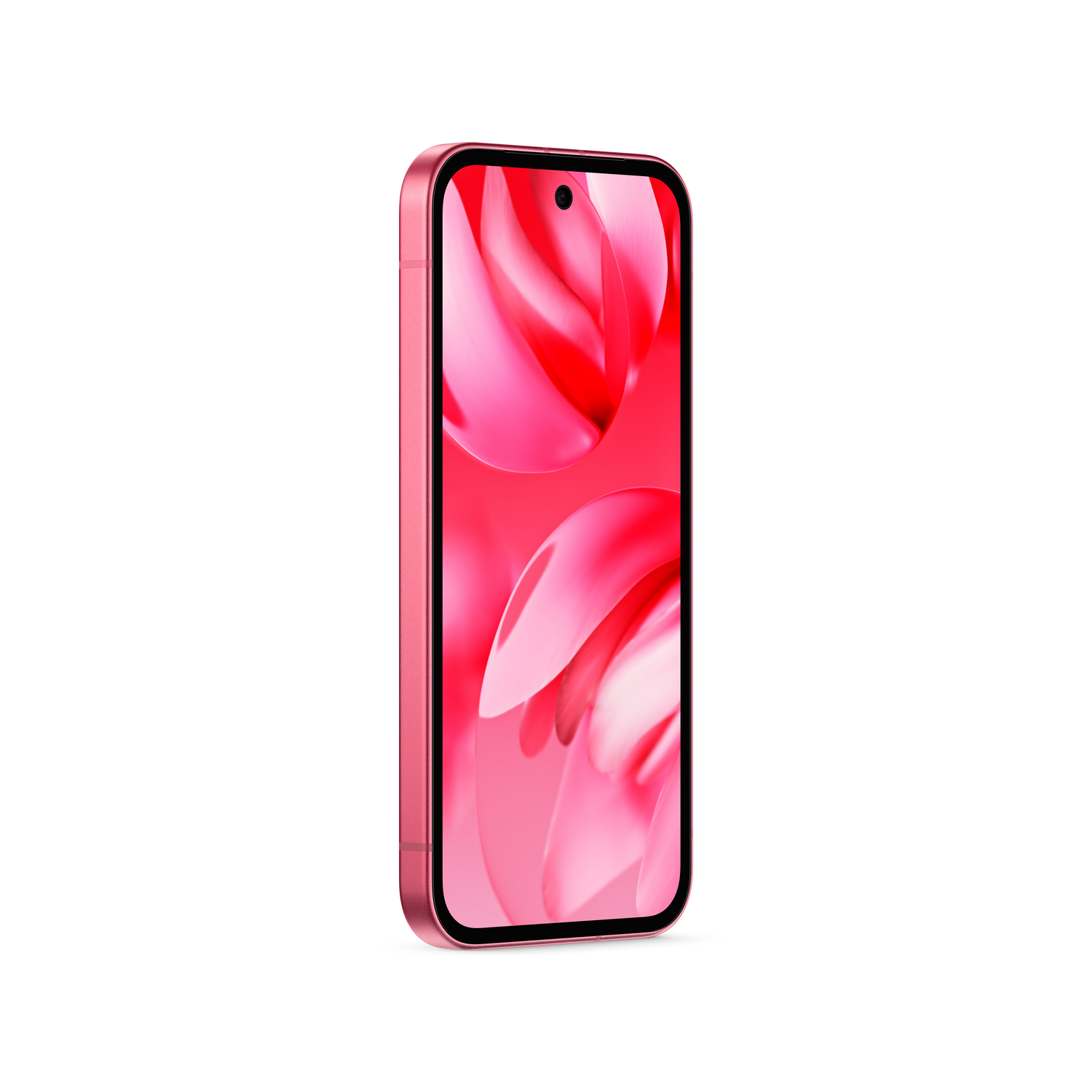 Un teléfono rosa de pie, mostrando una pantalla borrosa rosa y blanca.