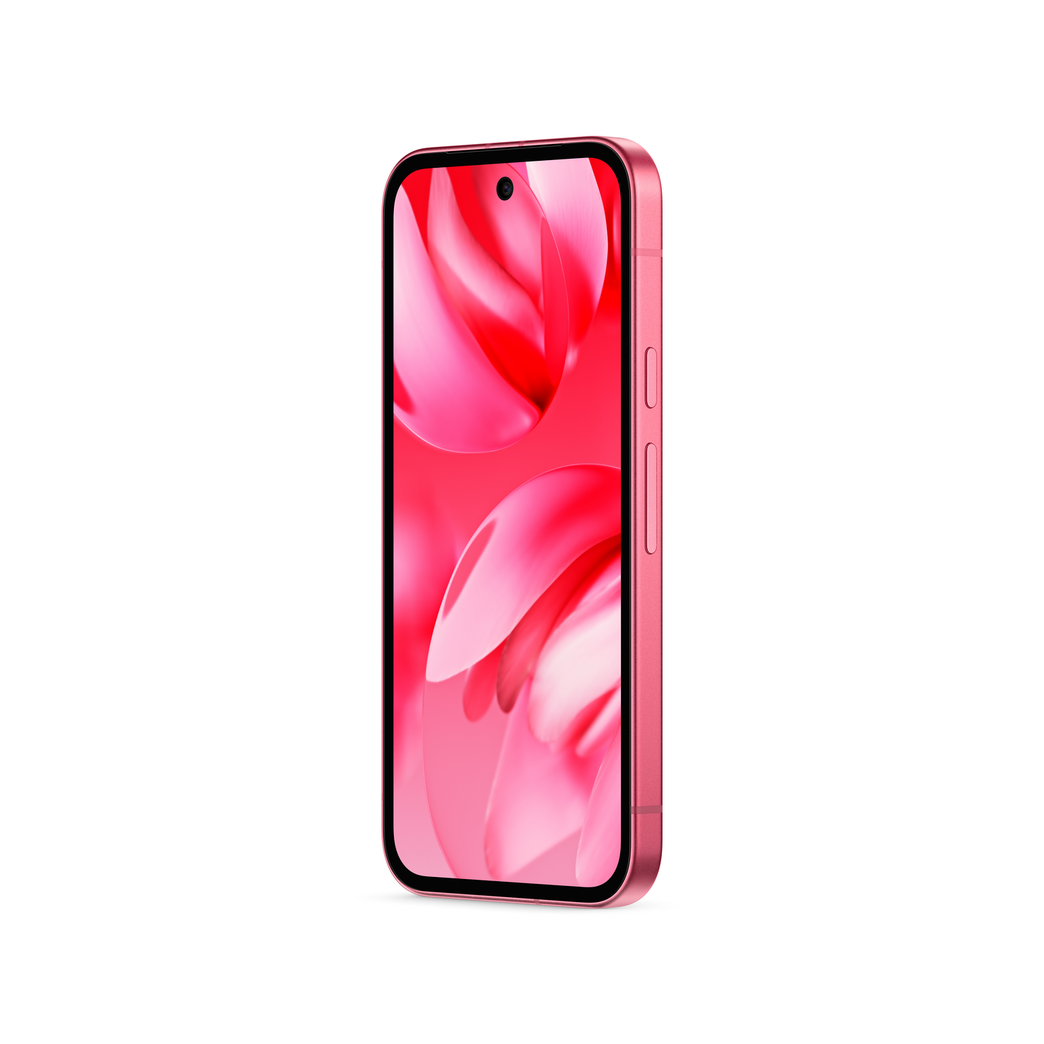 Un teléfono rosa se muestra en posición vertical, con un diseño rosa vibrante y arremolinado en su pantalla.