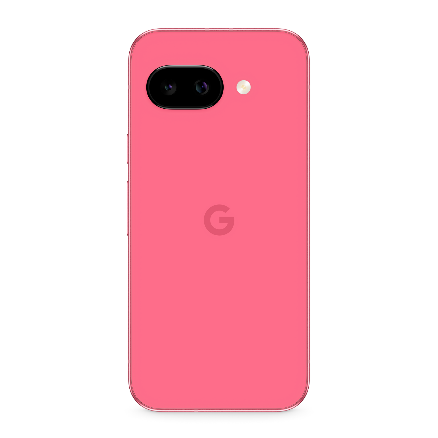 Teléfono rosa con dos cámaras y logo G en la parte trasera. Fondo blanco.