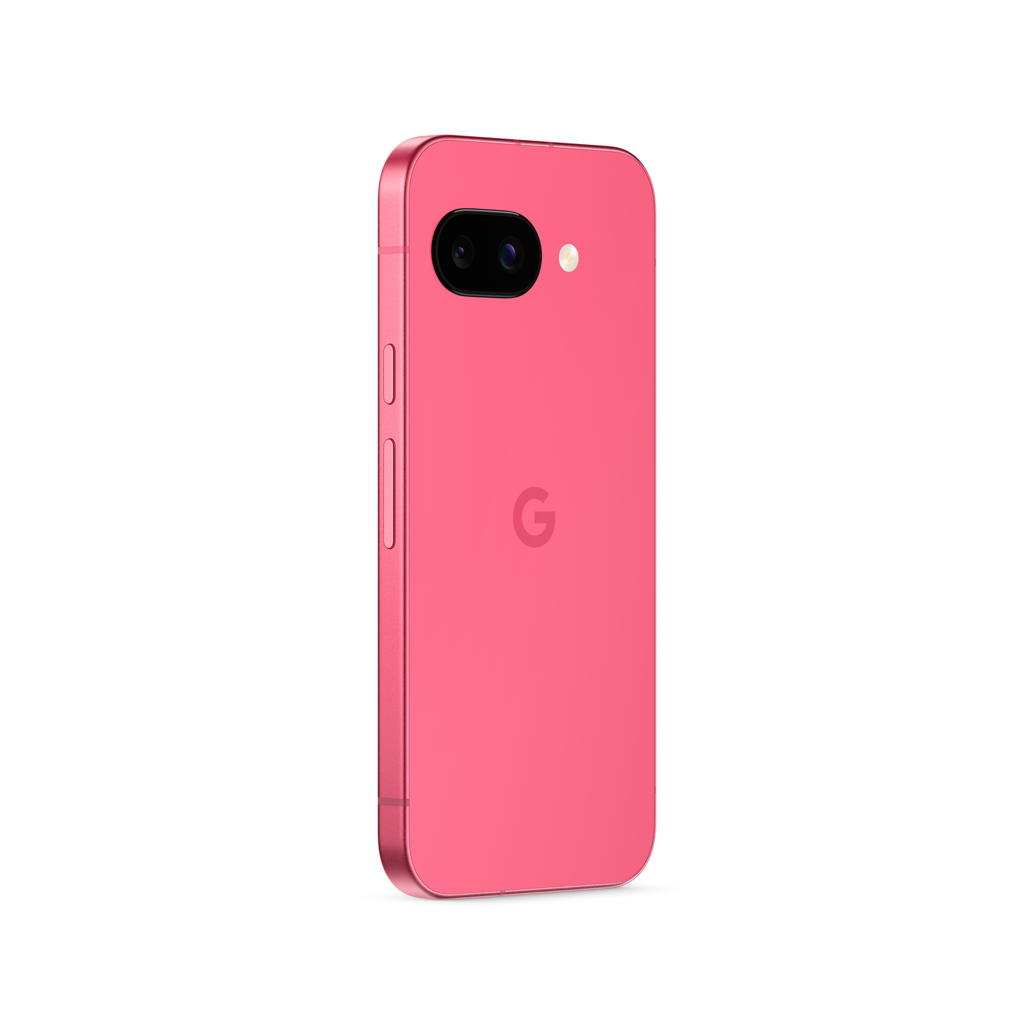 Un teléfono rosa con una cámara doble y un logotipo 'G' en la parte trasera, con una cámara negra.